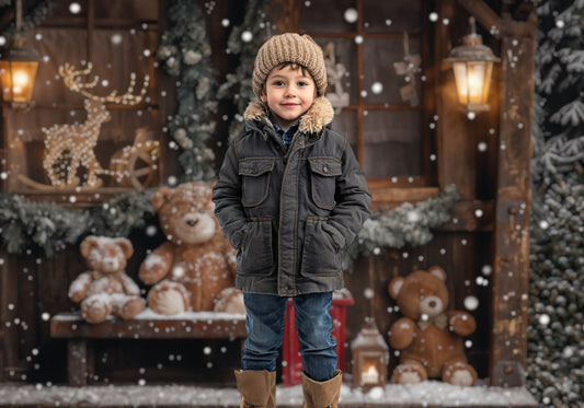 Teddy Bear Christmas Cottage Backdrop