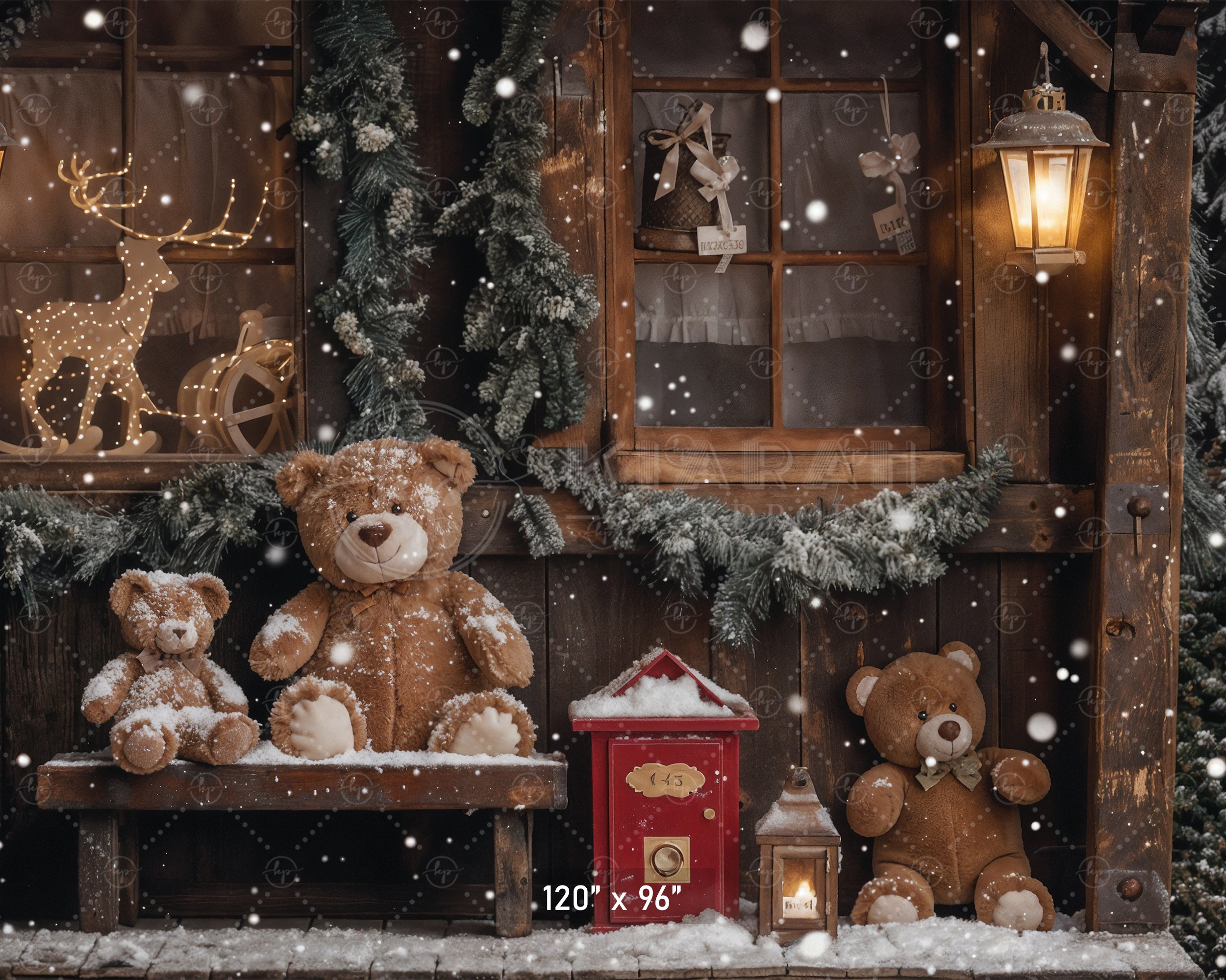 Teddy Bear Christmas Cottage Backdrop
