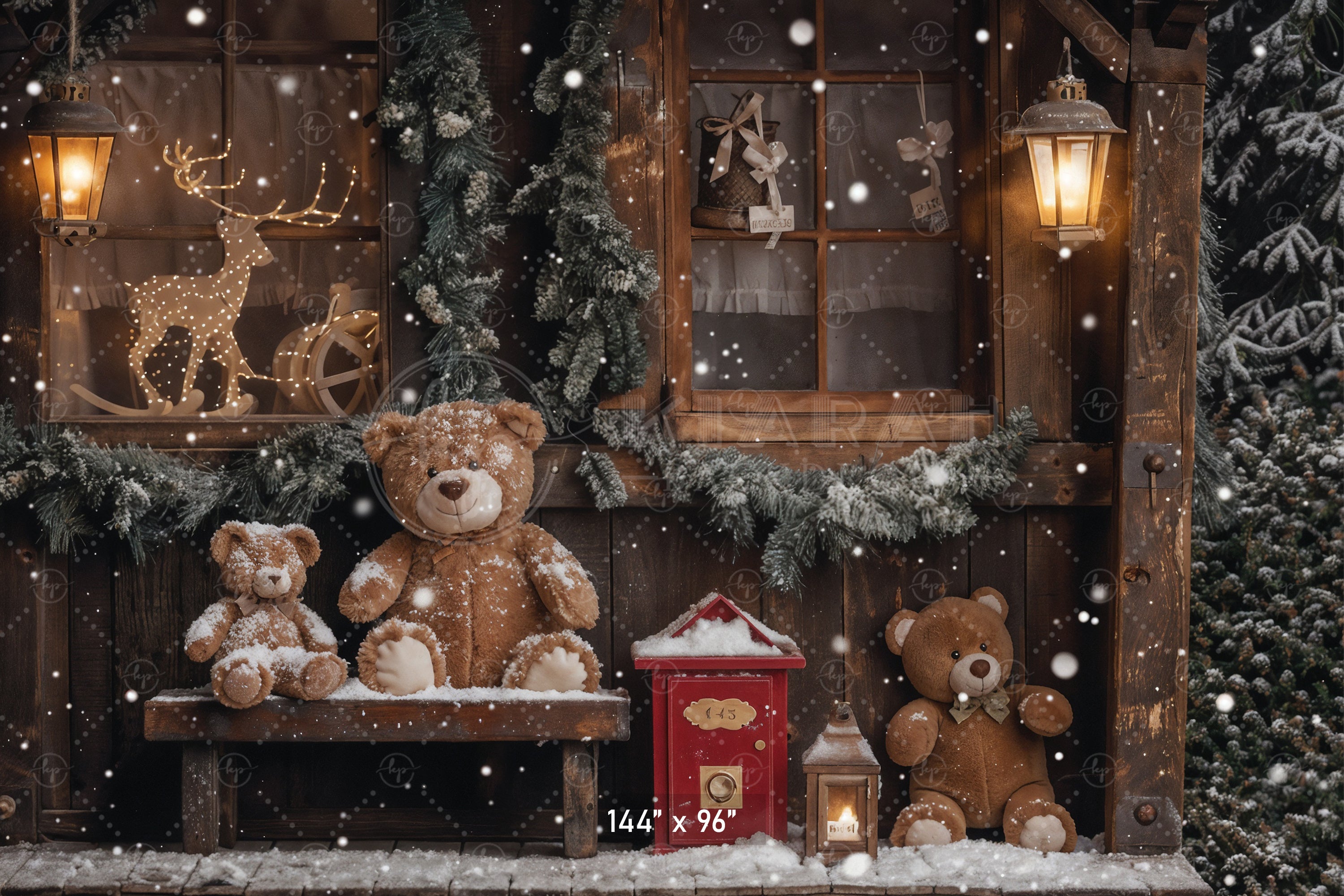 Teddy Bear Christmas Cottage Backdrop