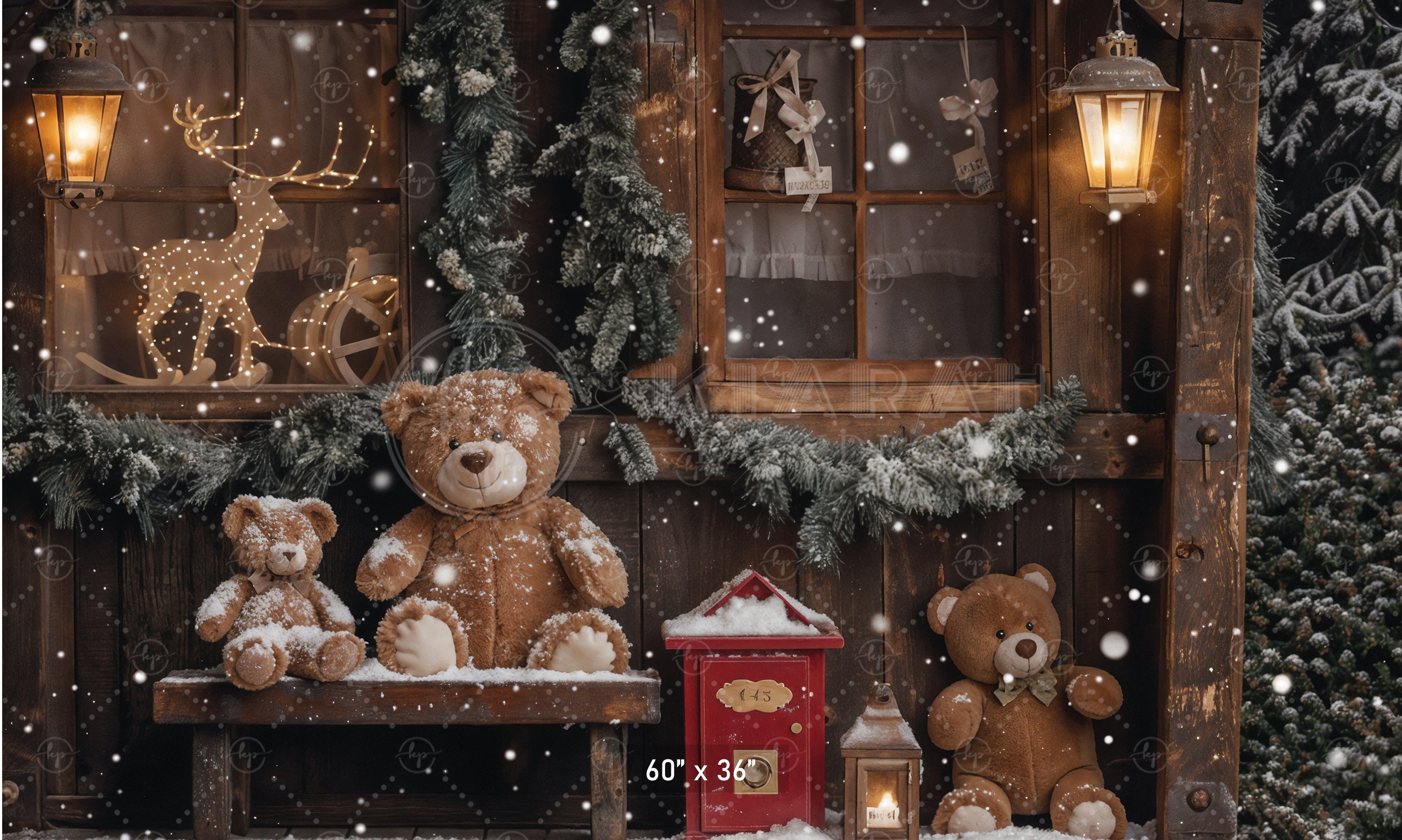 Teddy Bear Christmas Cottage Backdrop