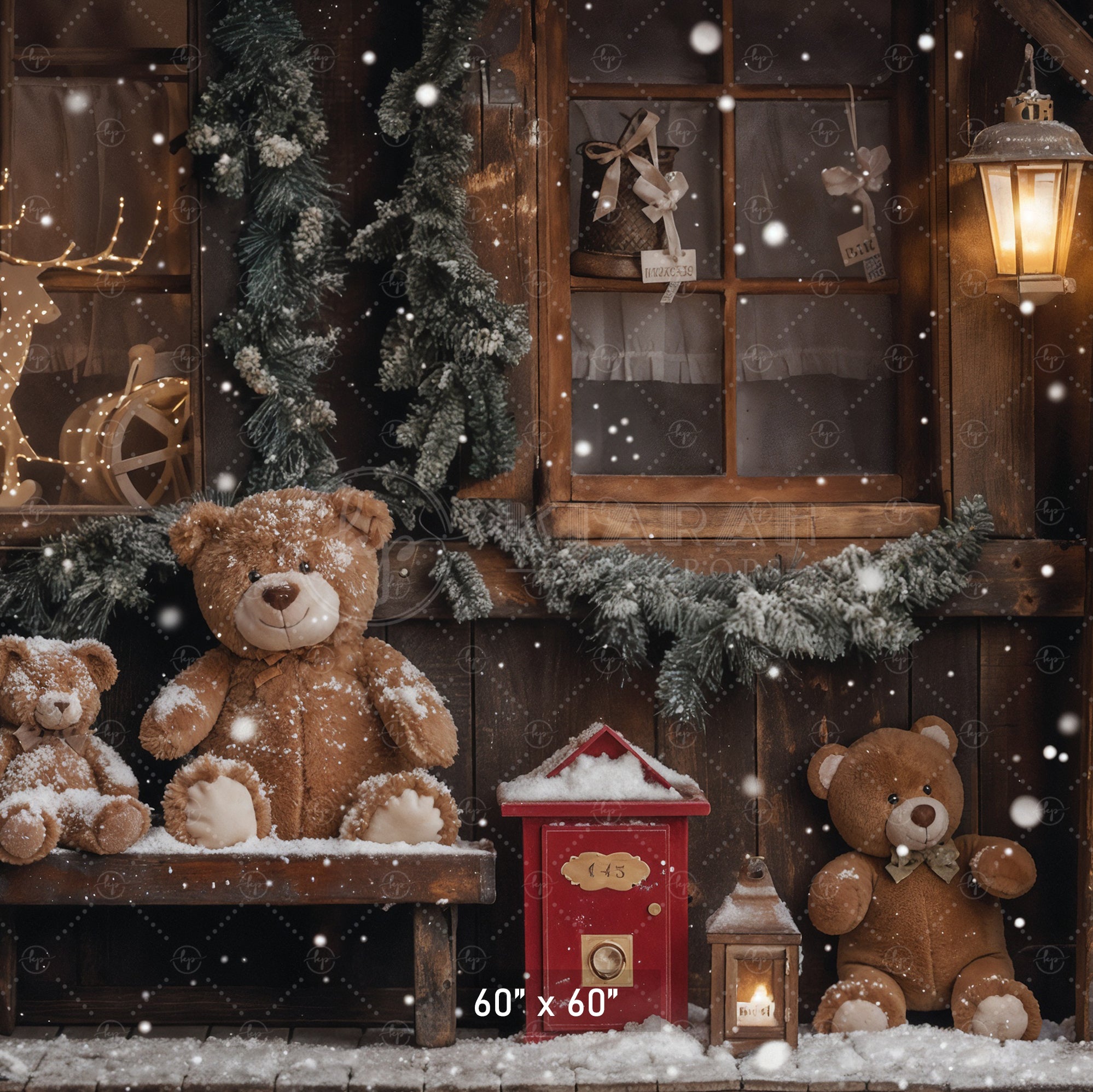 Teddy Bear Christmas Cottage Backdrop