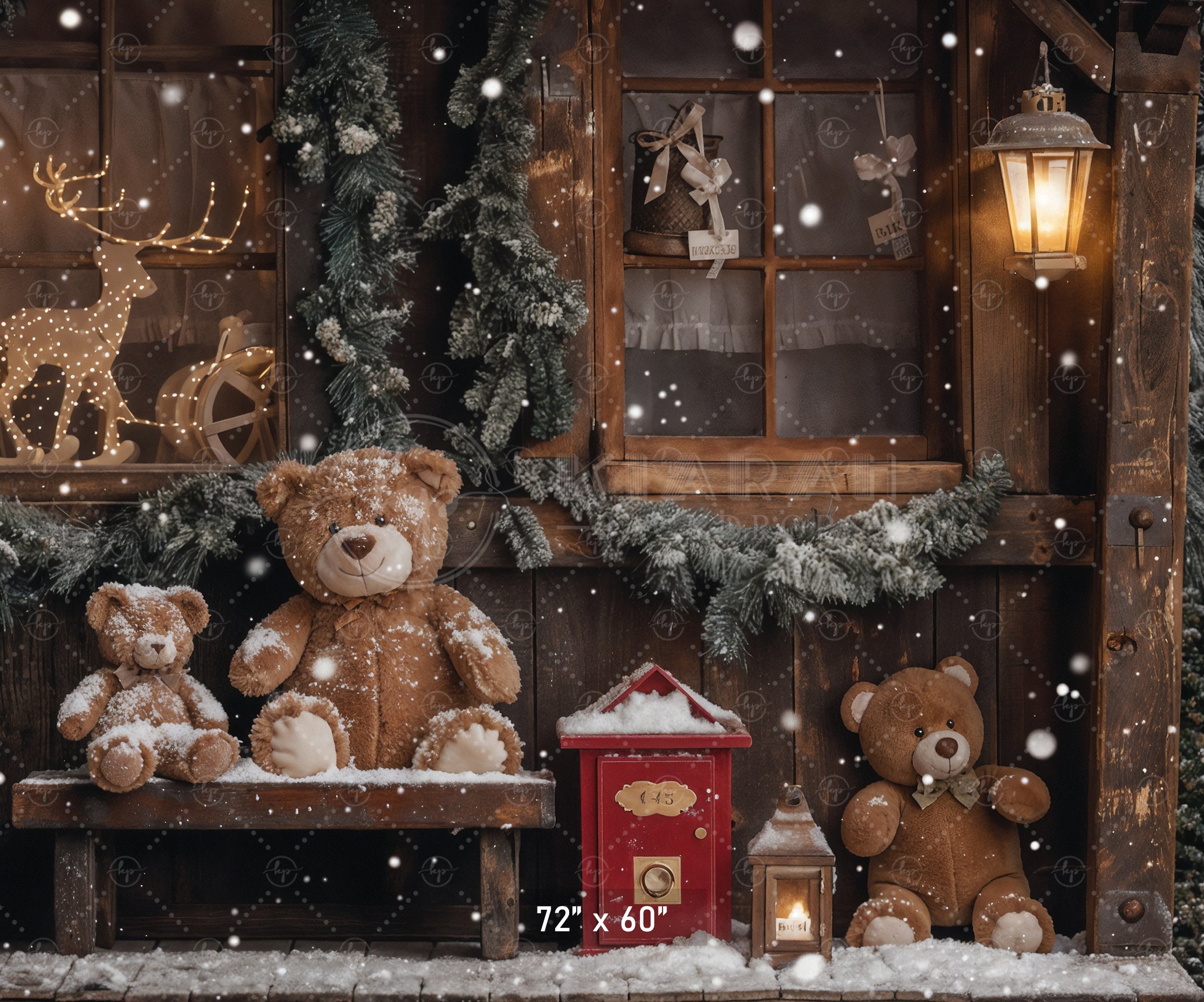Teddy Bear Christmas Cottage Backdrop