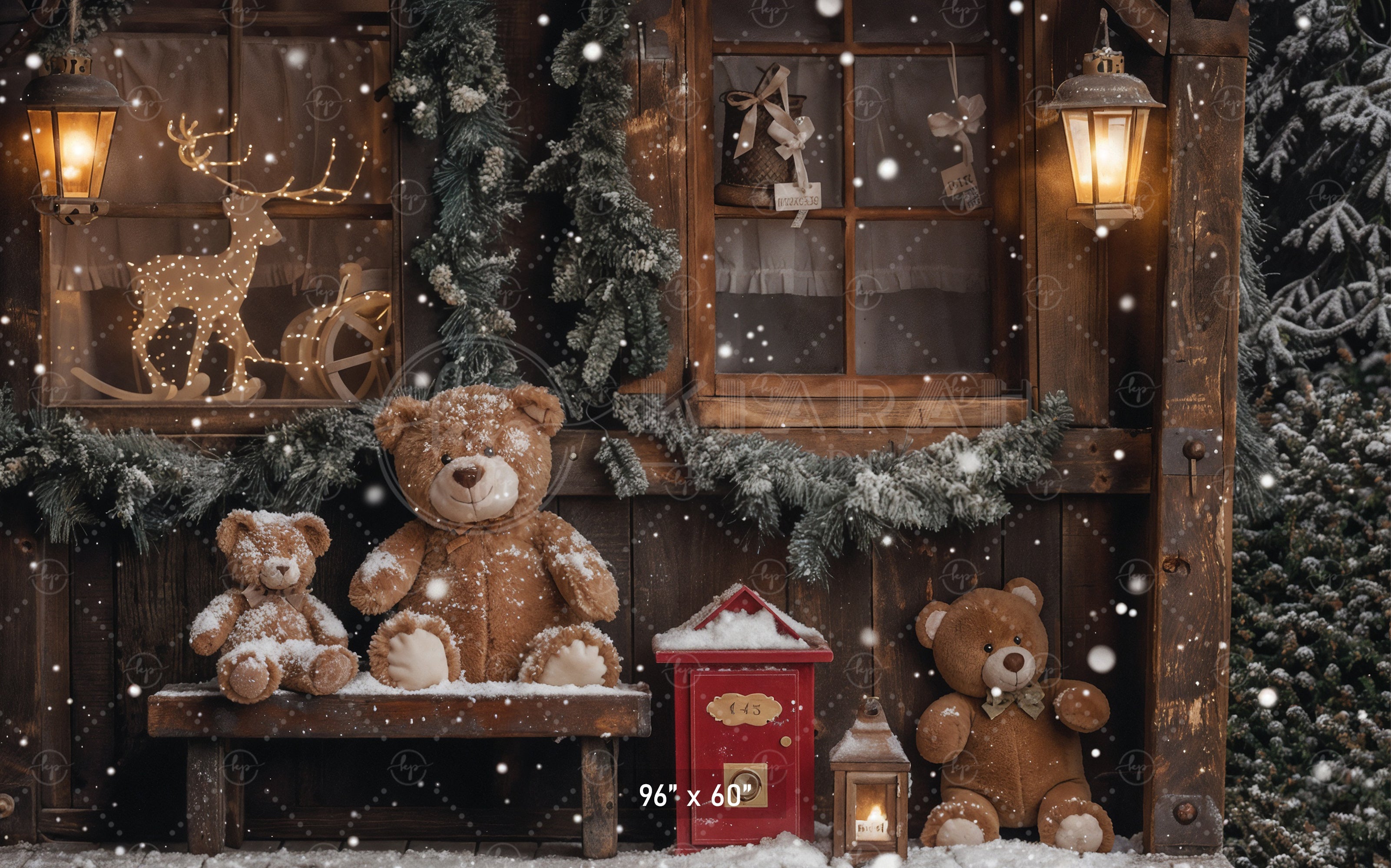 Teddy Bear Christmas Cottage Backdrop
