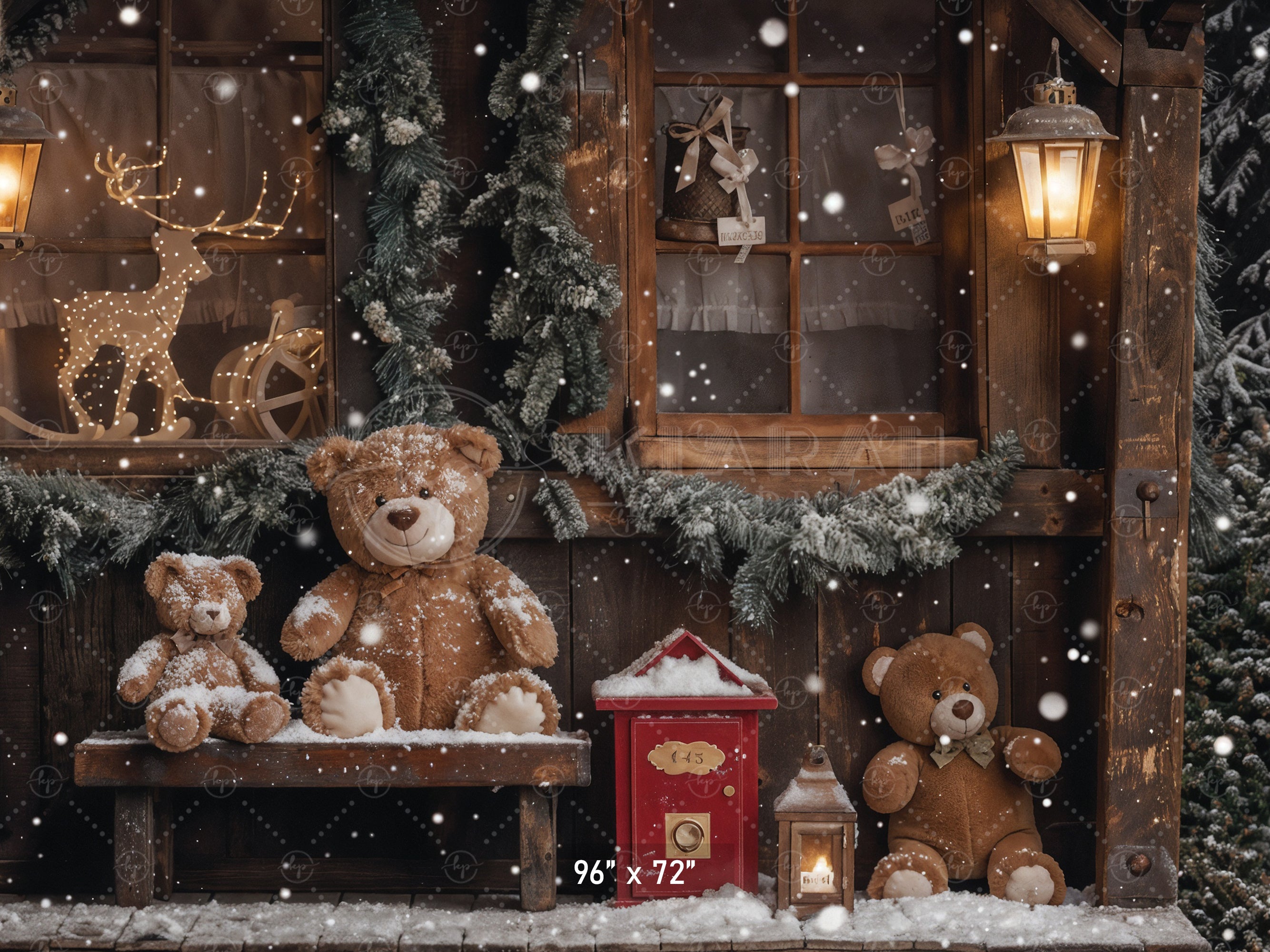 Teddy Bear Christmas Cottage Backdrop
