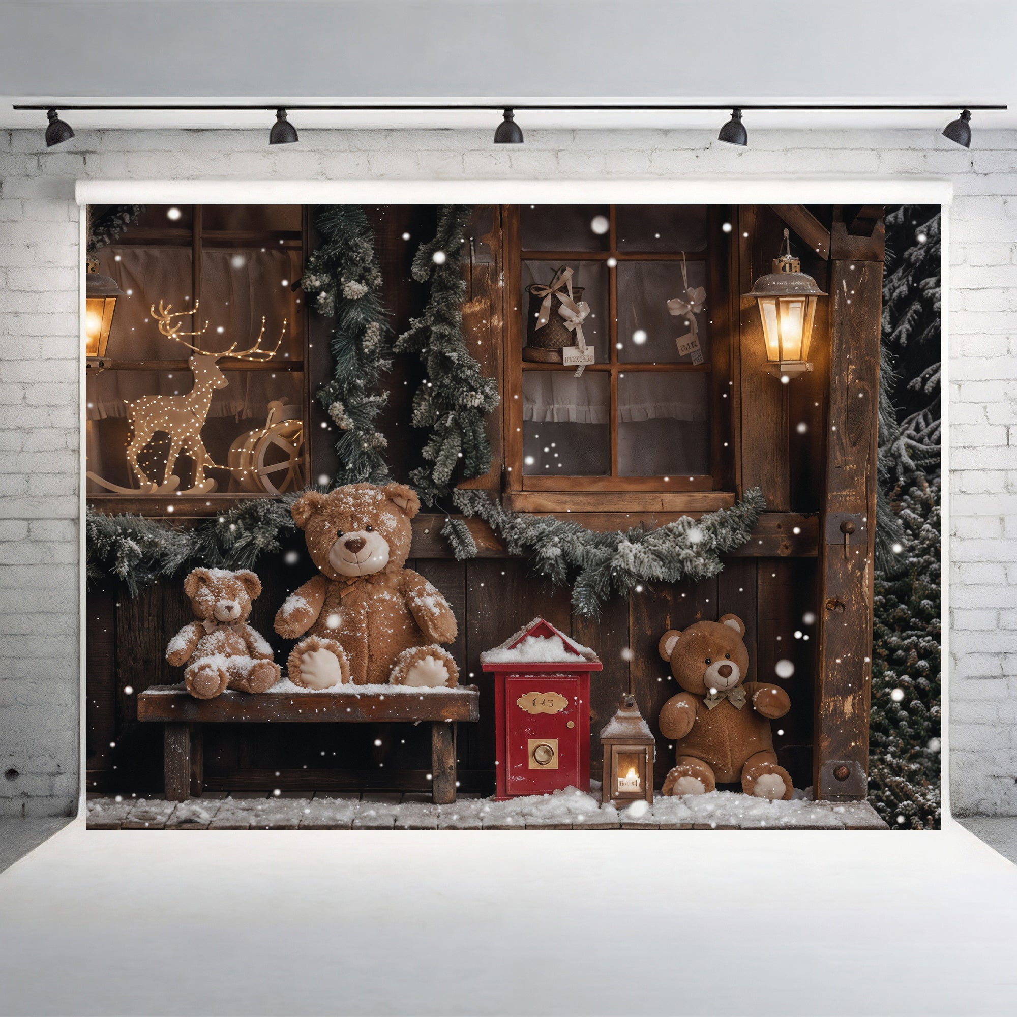 Teddy Bear Christmas Cottage Backdrop