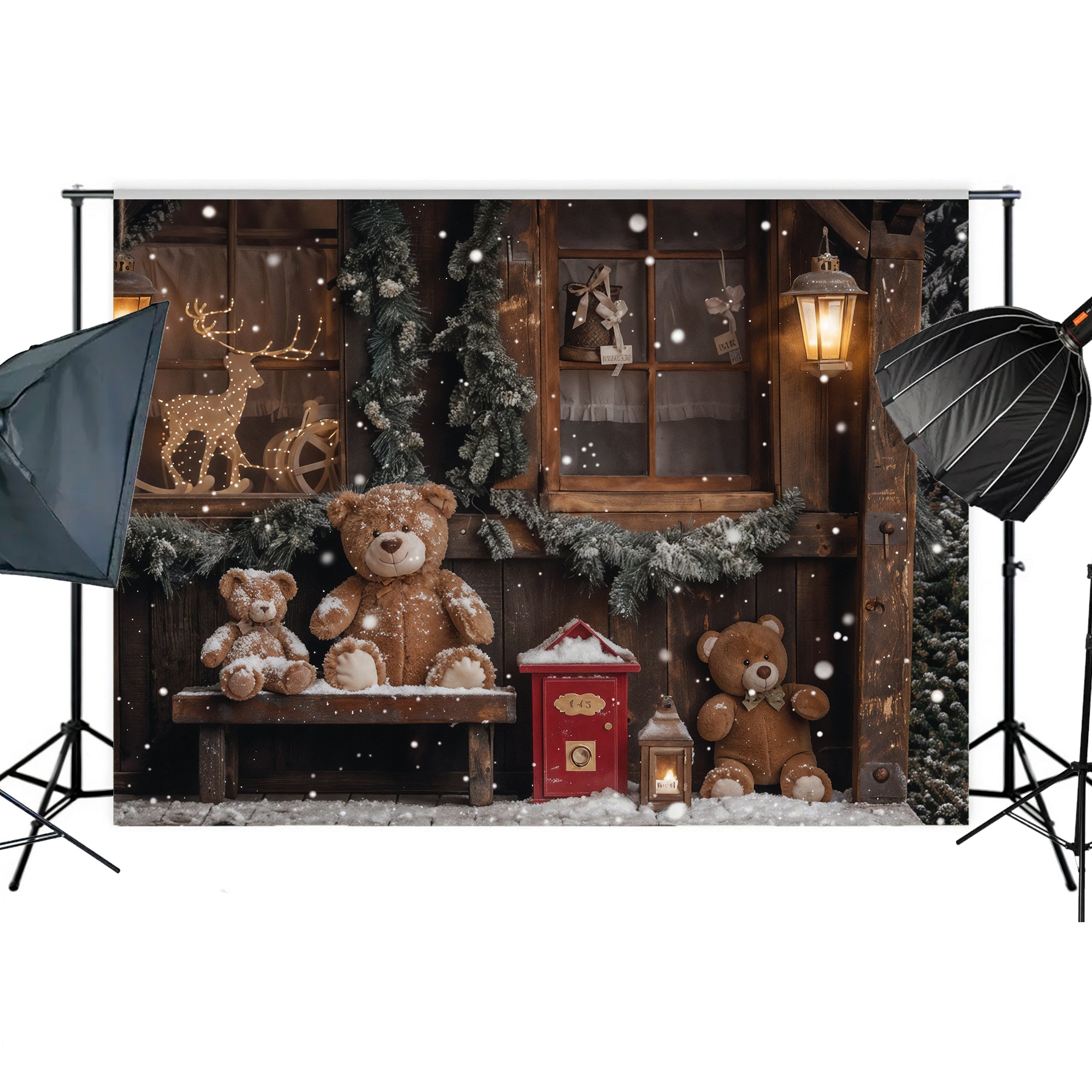 Teddy Bear Christmas Cottage Backdrop