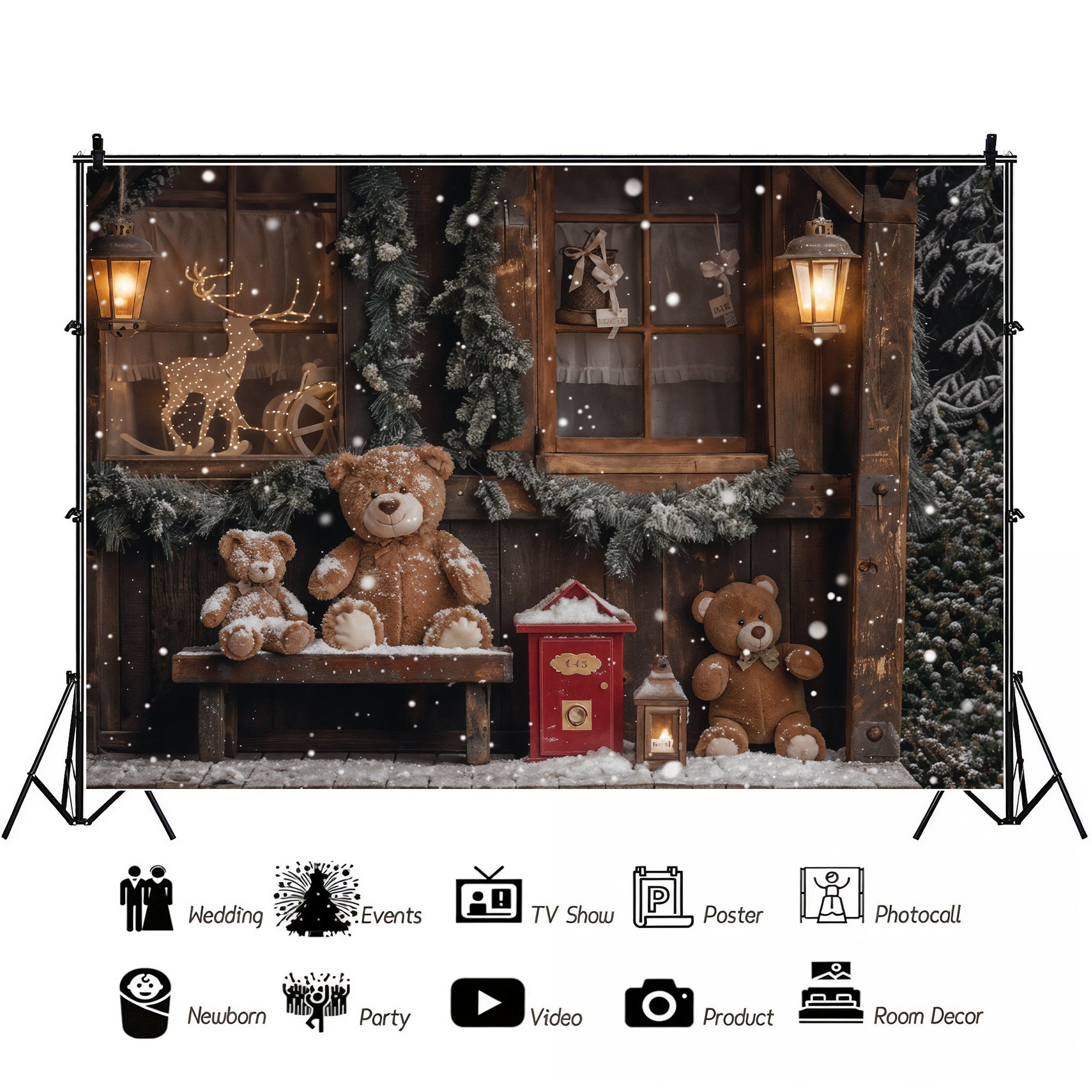 Teddy Bear Christmas Cottage Backdrop