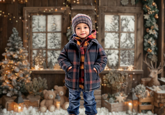 Snowy Christmas Cabin with Teddy Bears Backdrop