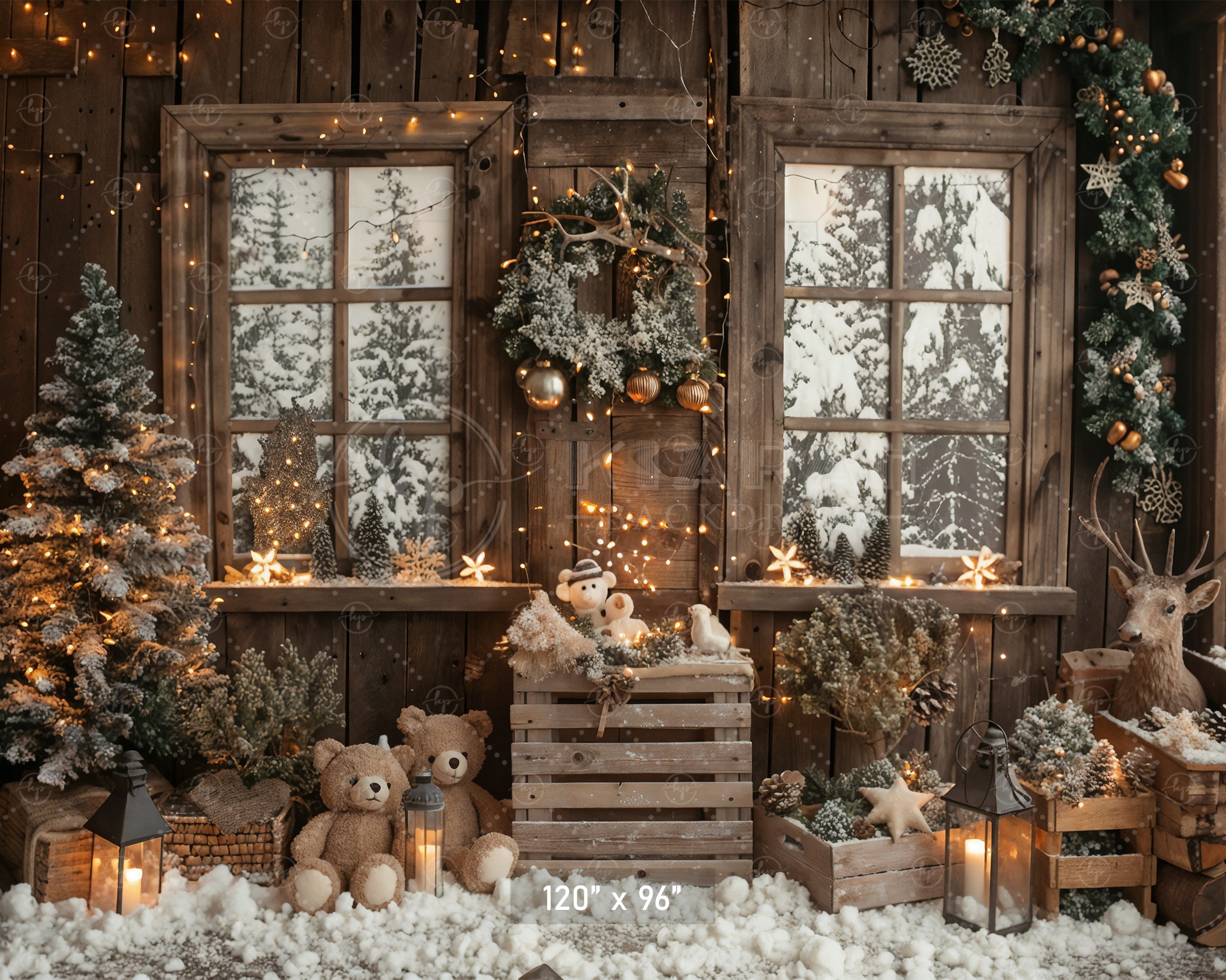 Snowy Christmas Cabin with Teddy Bears Backdrop