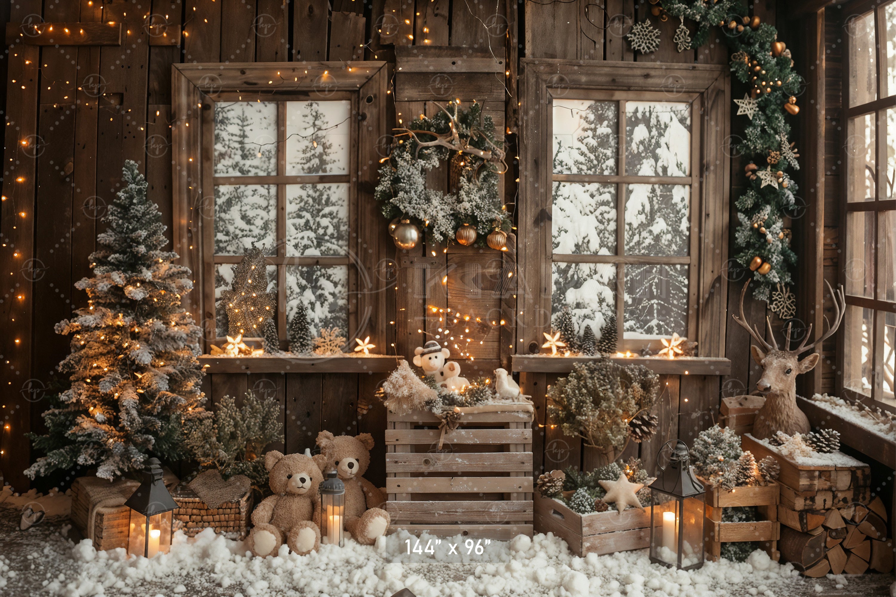 Snowy Christmas Cabin with Teddy Bears Backdrop