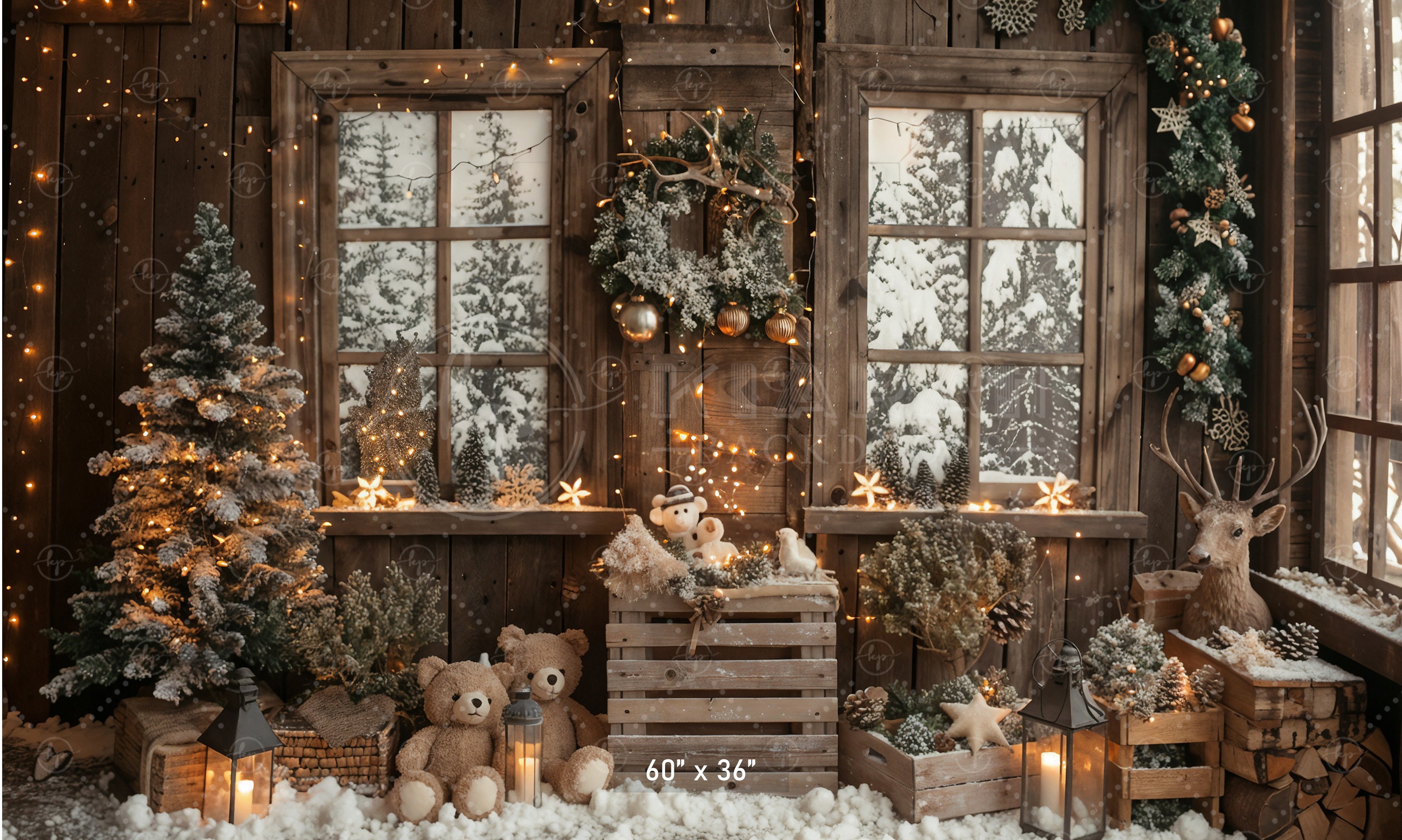 Snowy Christmas Cabin with Teddy Bears Backdrop