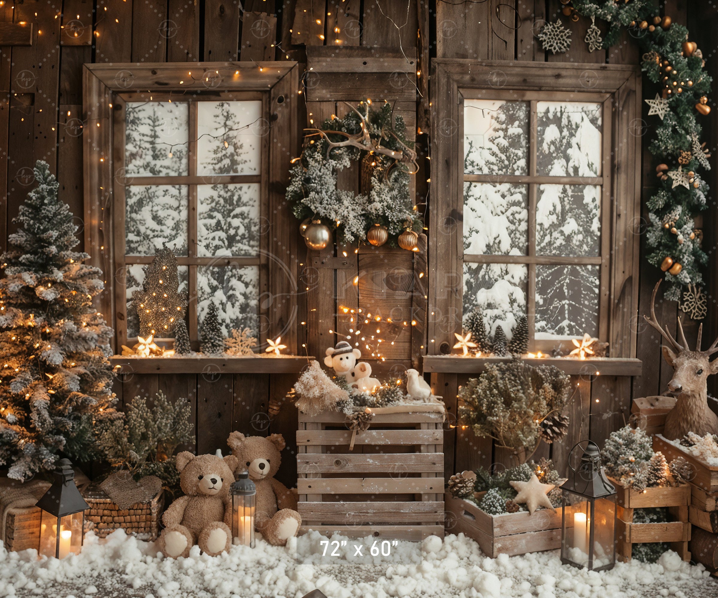 Snowy Christmas Cabin with Teddy Bears Backdrop