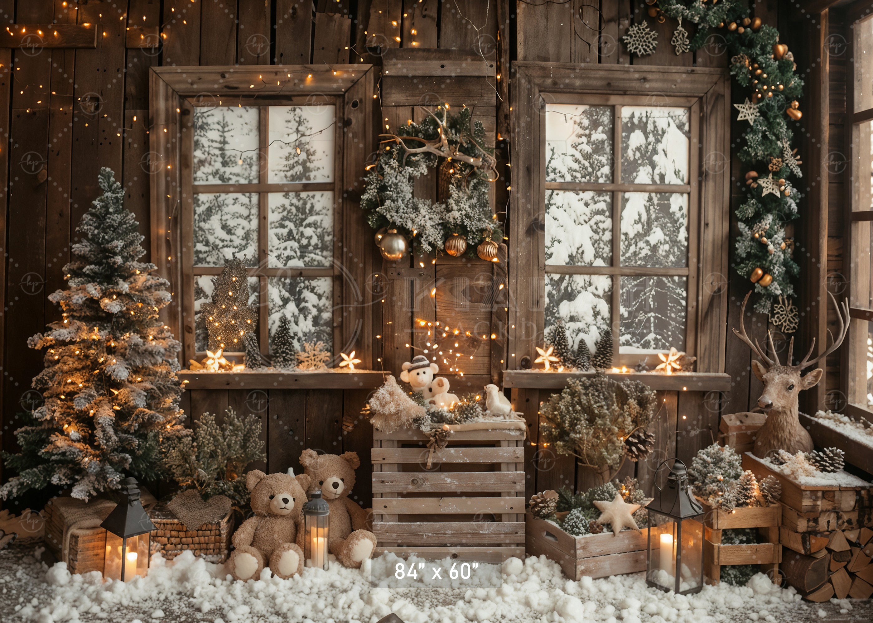 Snowy Christmas Cabin with Teddy Bears Backdrop