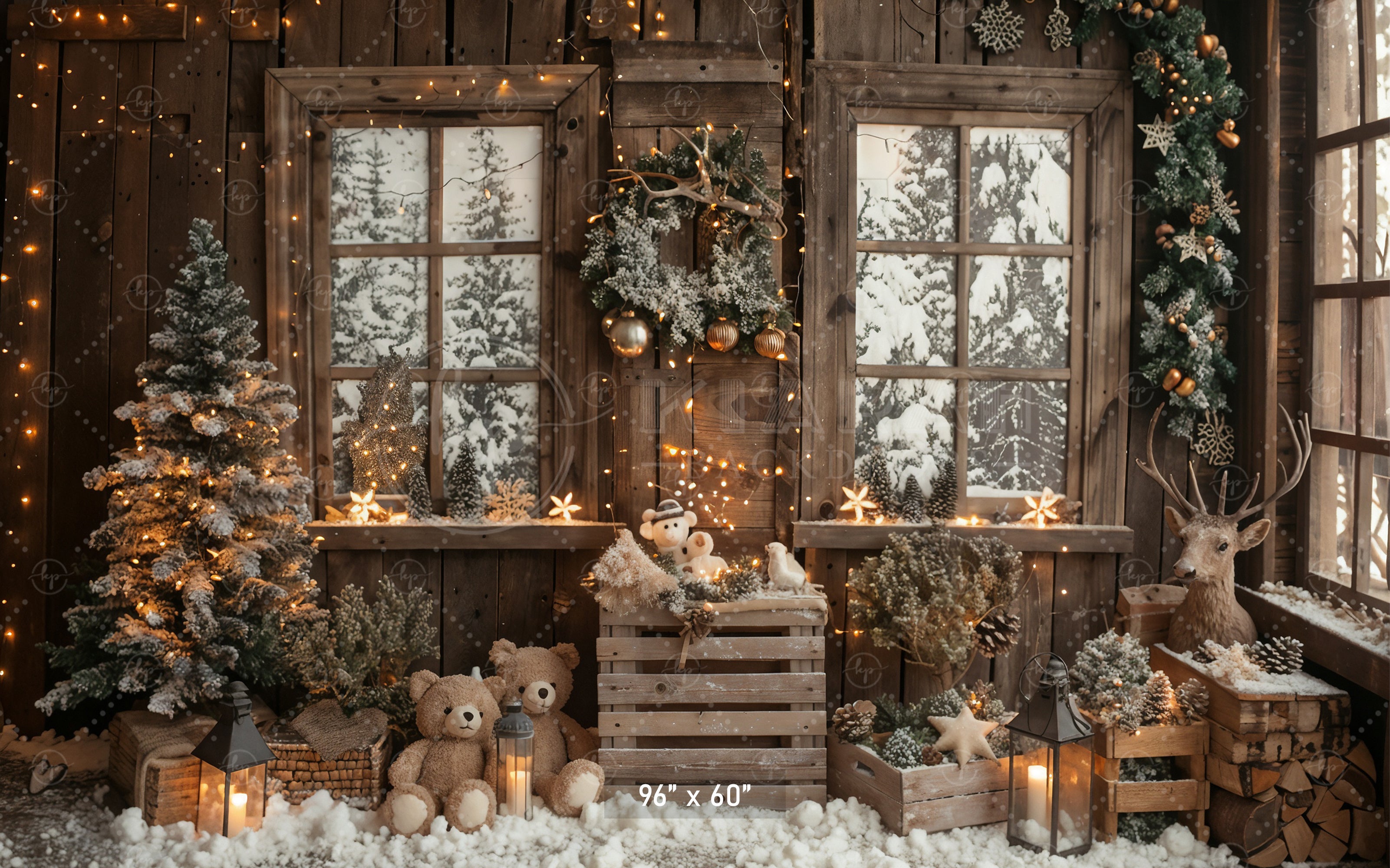 Snowy Christmas Cabin with Teddy Bears Backdrop