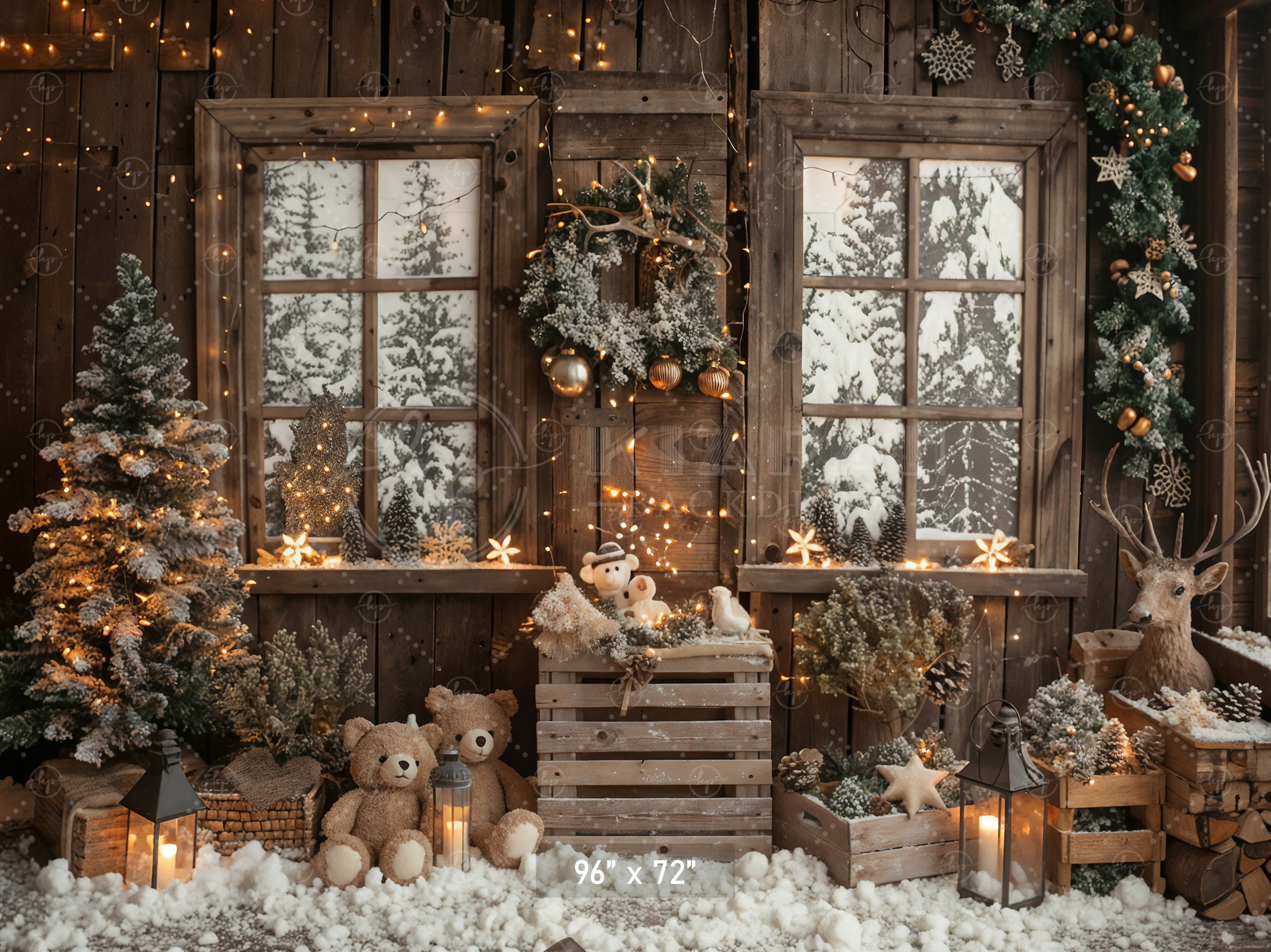 Snowy Christmas Cabin with Teddy Bears Backdrop