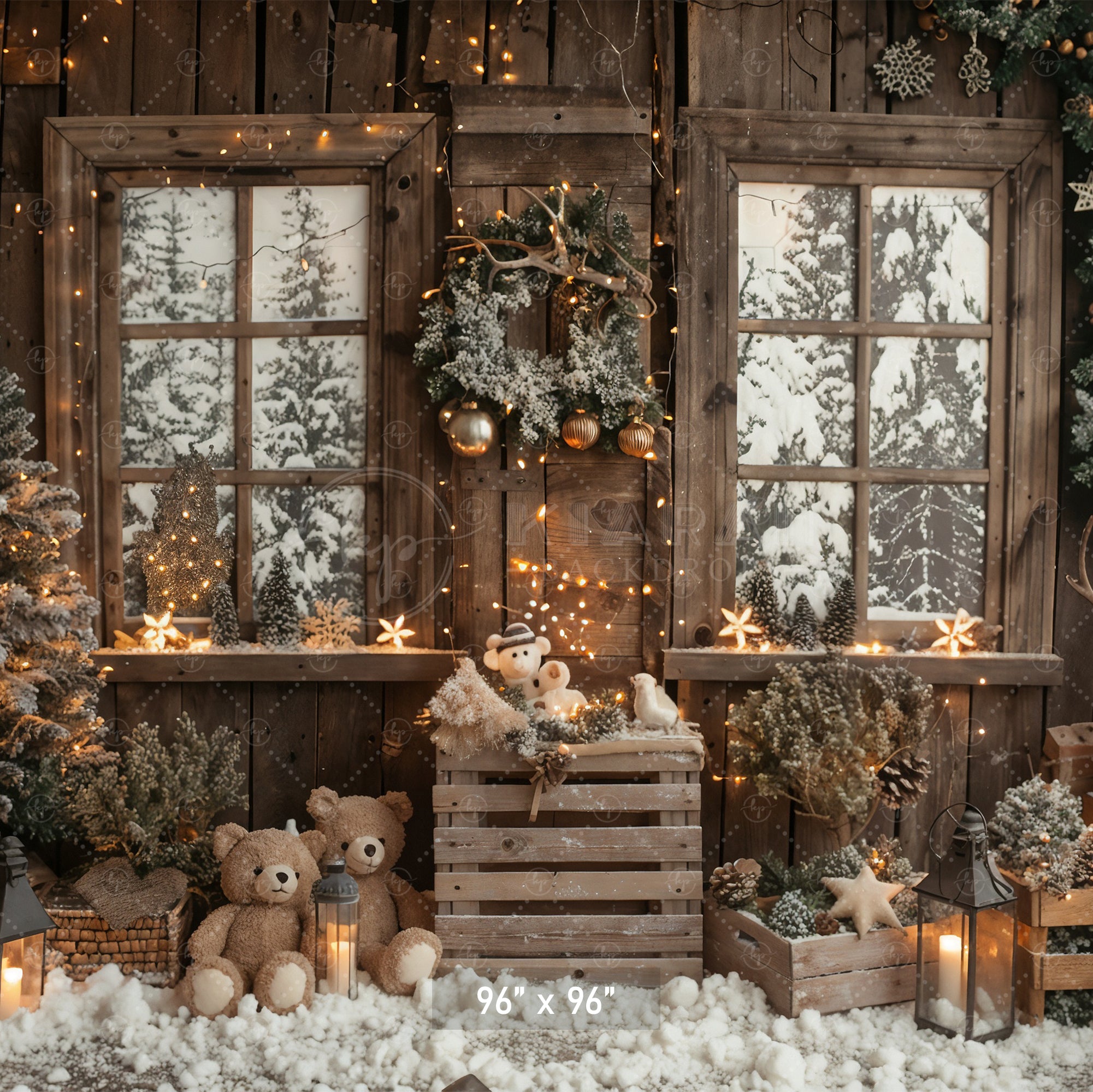 Snowy Christmas Cabin with Teddy Bears Backdrop