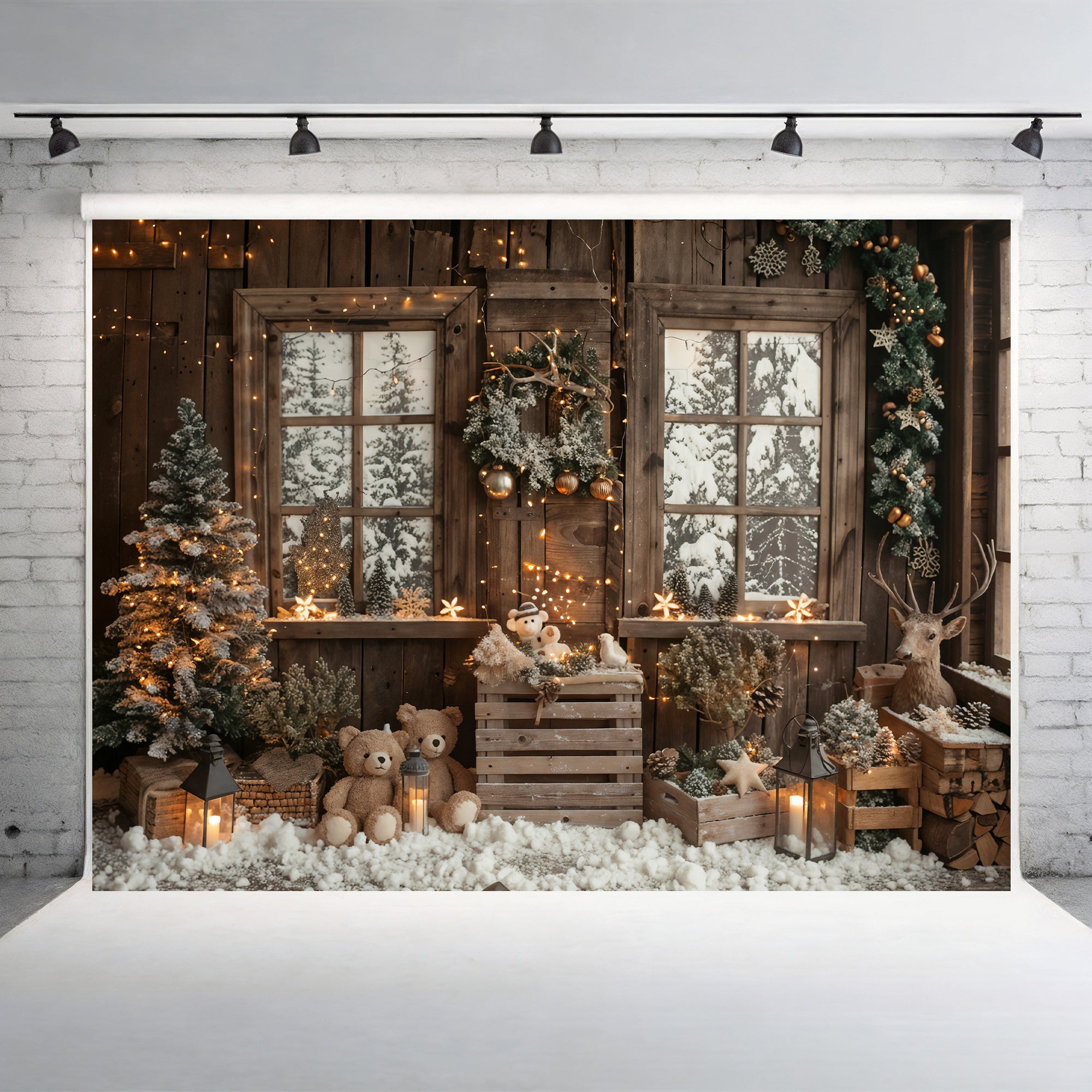 Snowy Christmas Cabin with Teddy Bears Backdrop