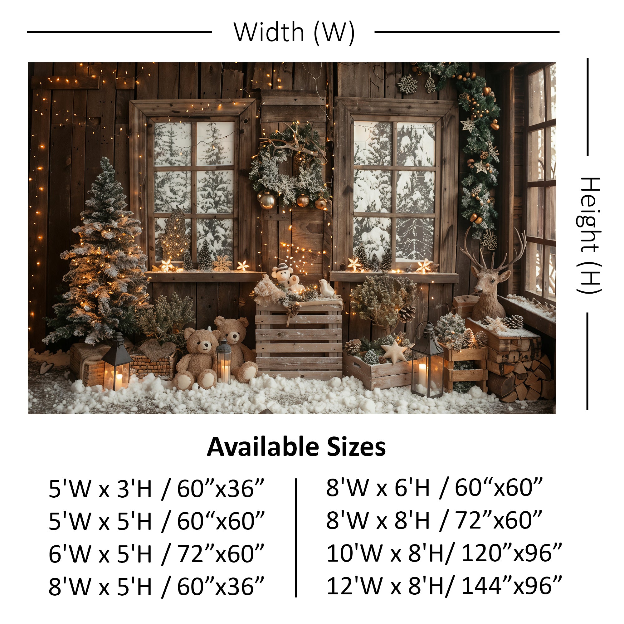 Snowy Christmas Cabin with Teddy Bears Backdrop