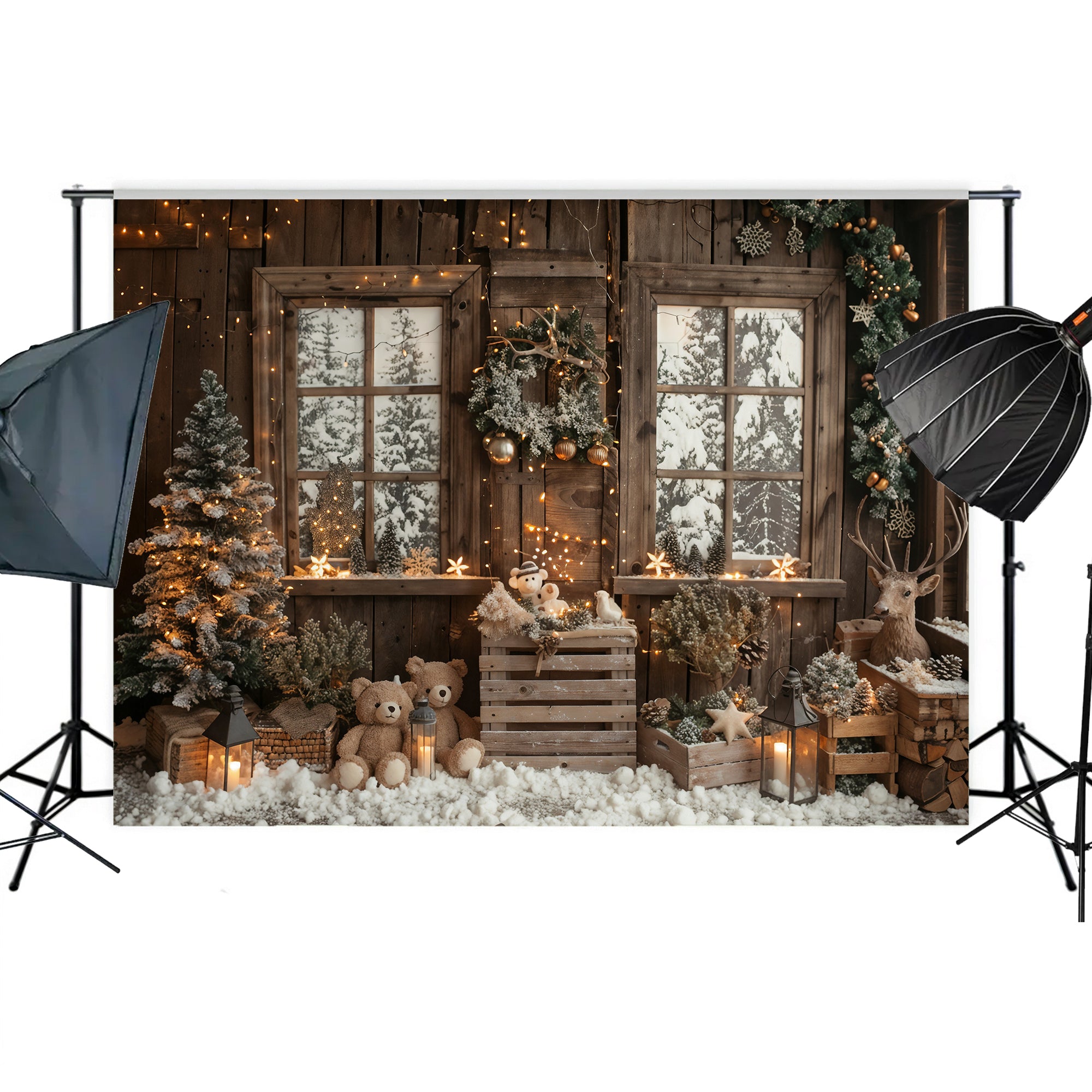 Snowy Christmas Cabin with Teddy Bears Backdrop