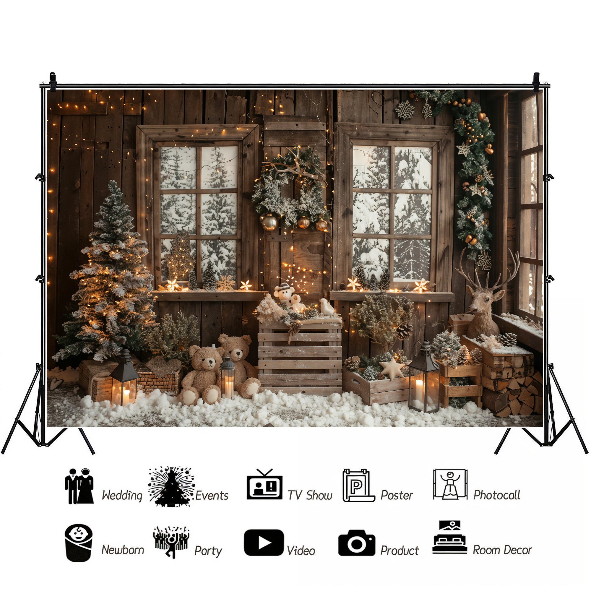 Snowy Christmas Cabin with Teddy Bears Backdrop