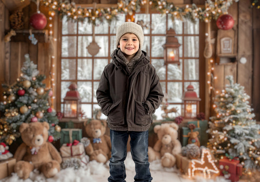 Teddy Bear Christmas Cabin Backdrop