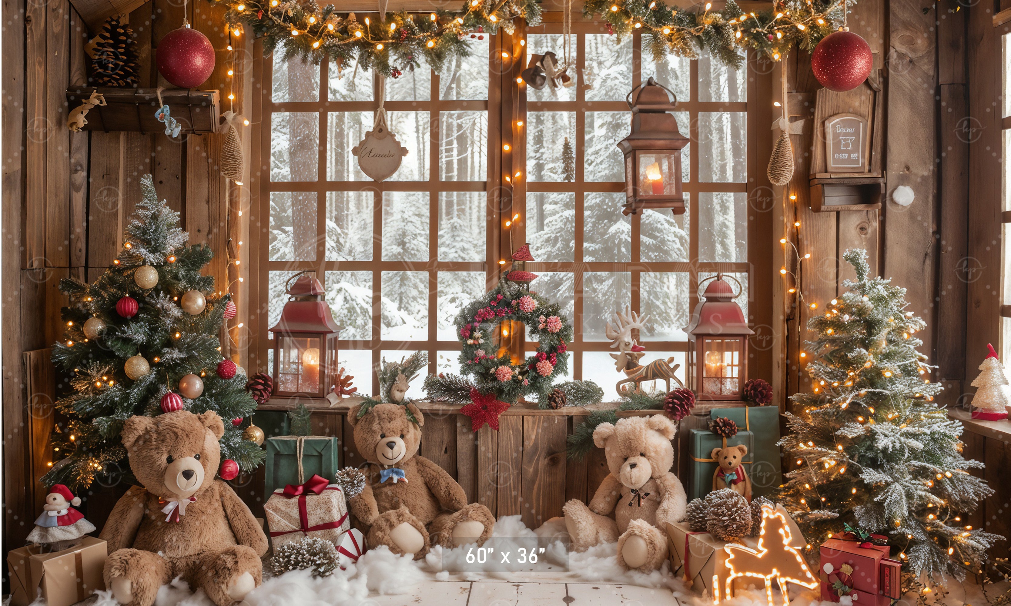 Teddy Bear Christmas Cabin Backdrop