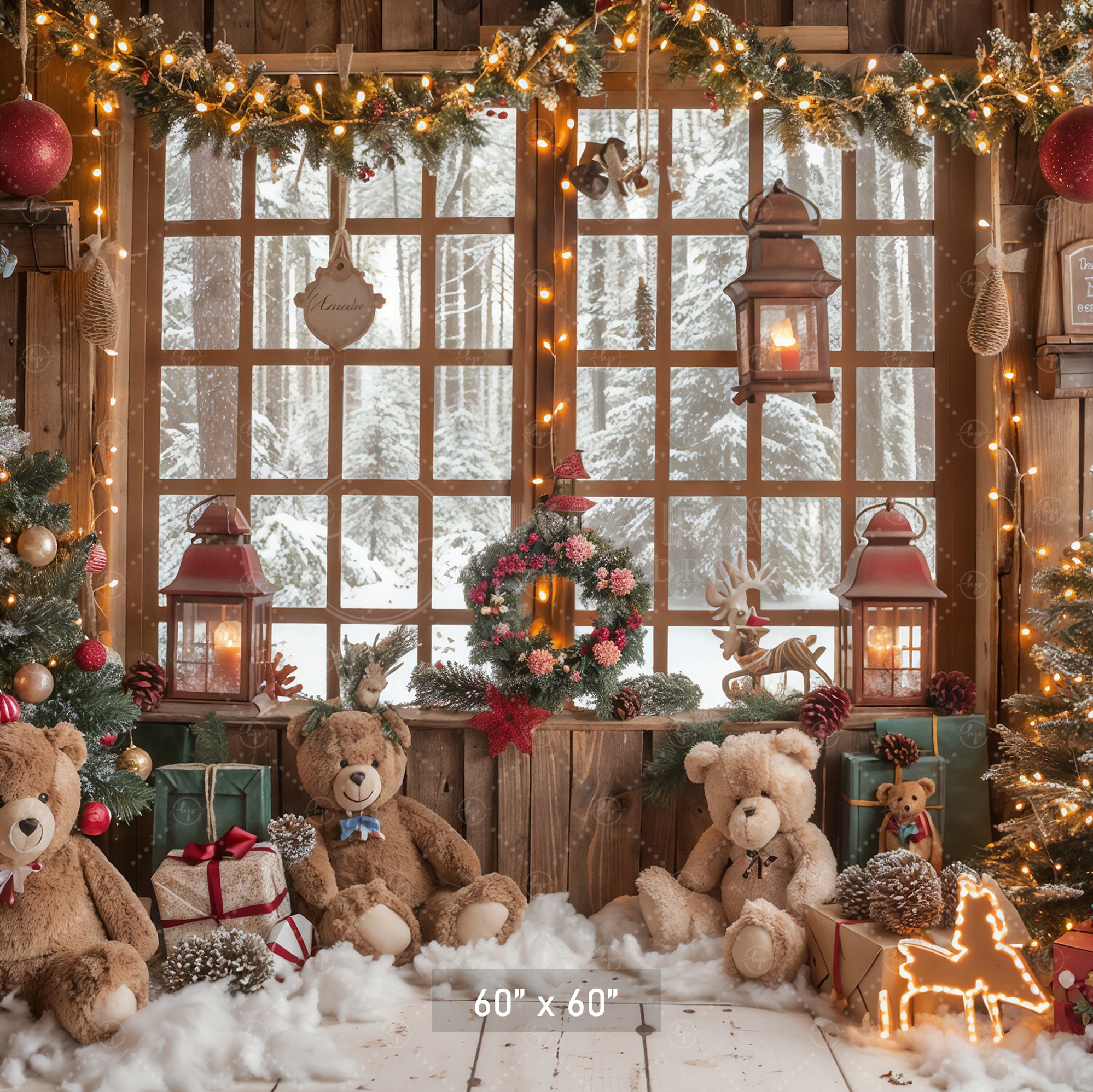 Teddy Bear Christmas Cabin Backdrop