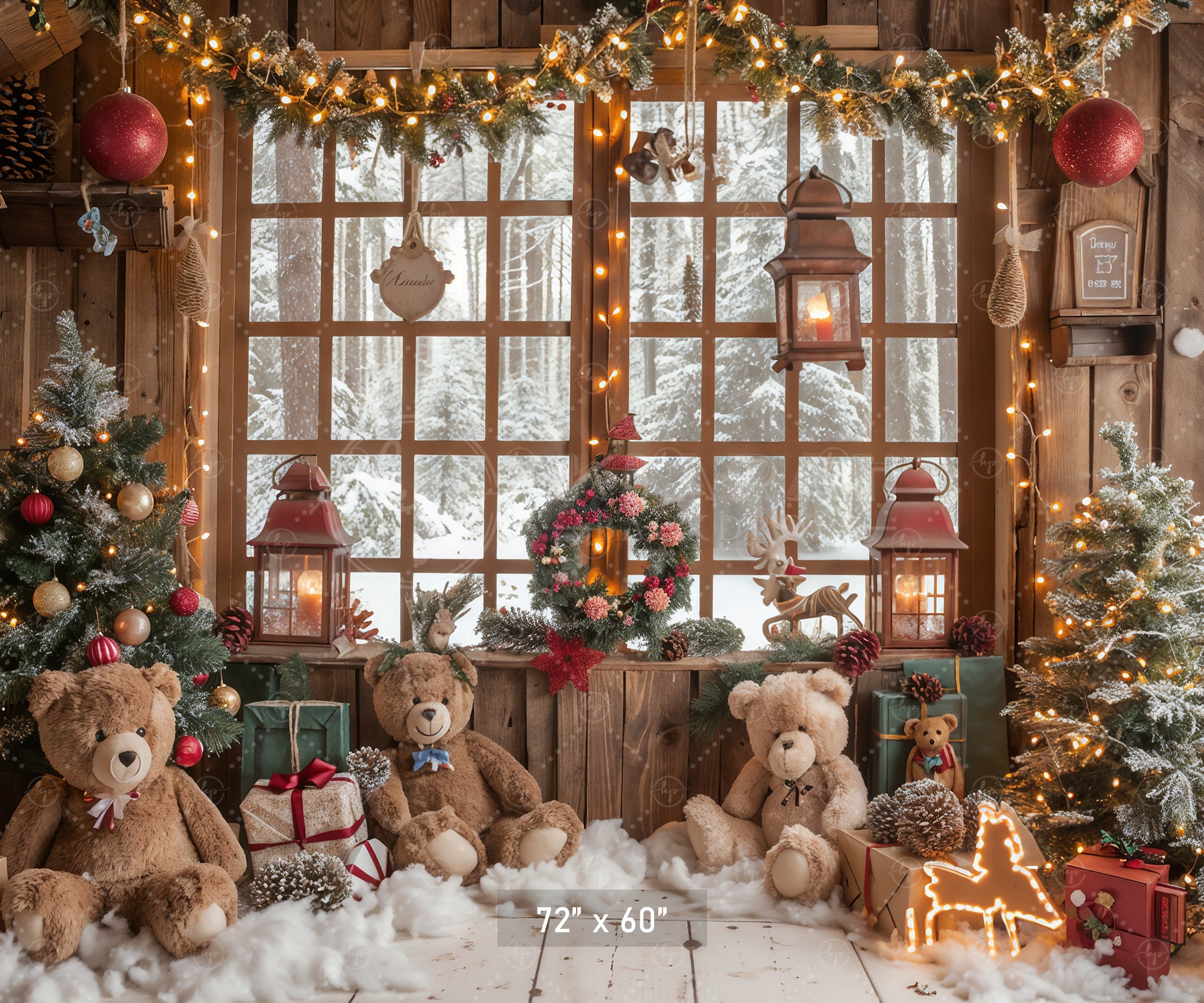 Teddy Bear Christmas Cabin Backdrop