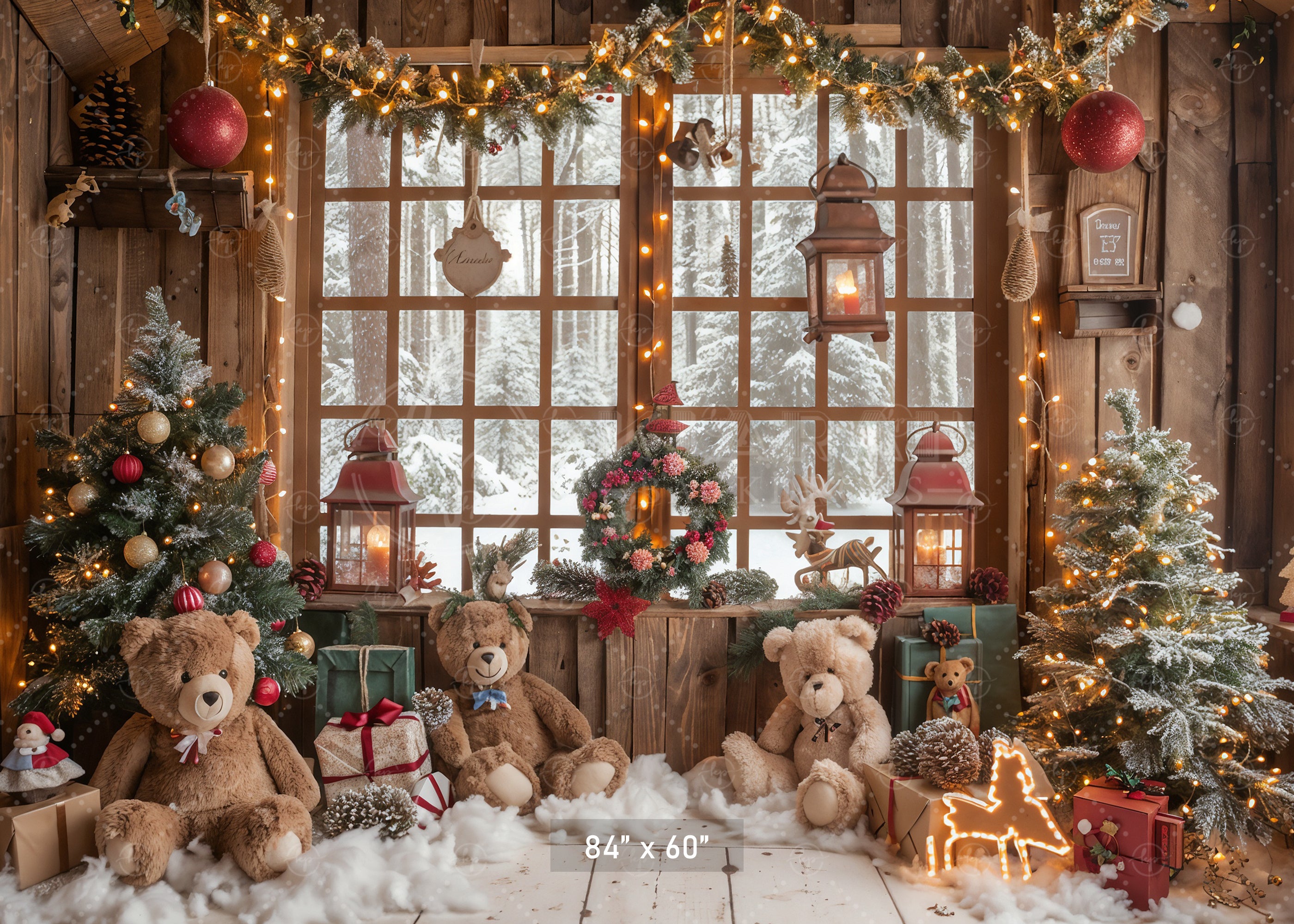 Teddy Bear Christmas Cabin Backdrop