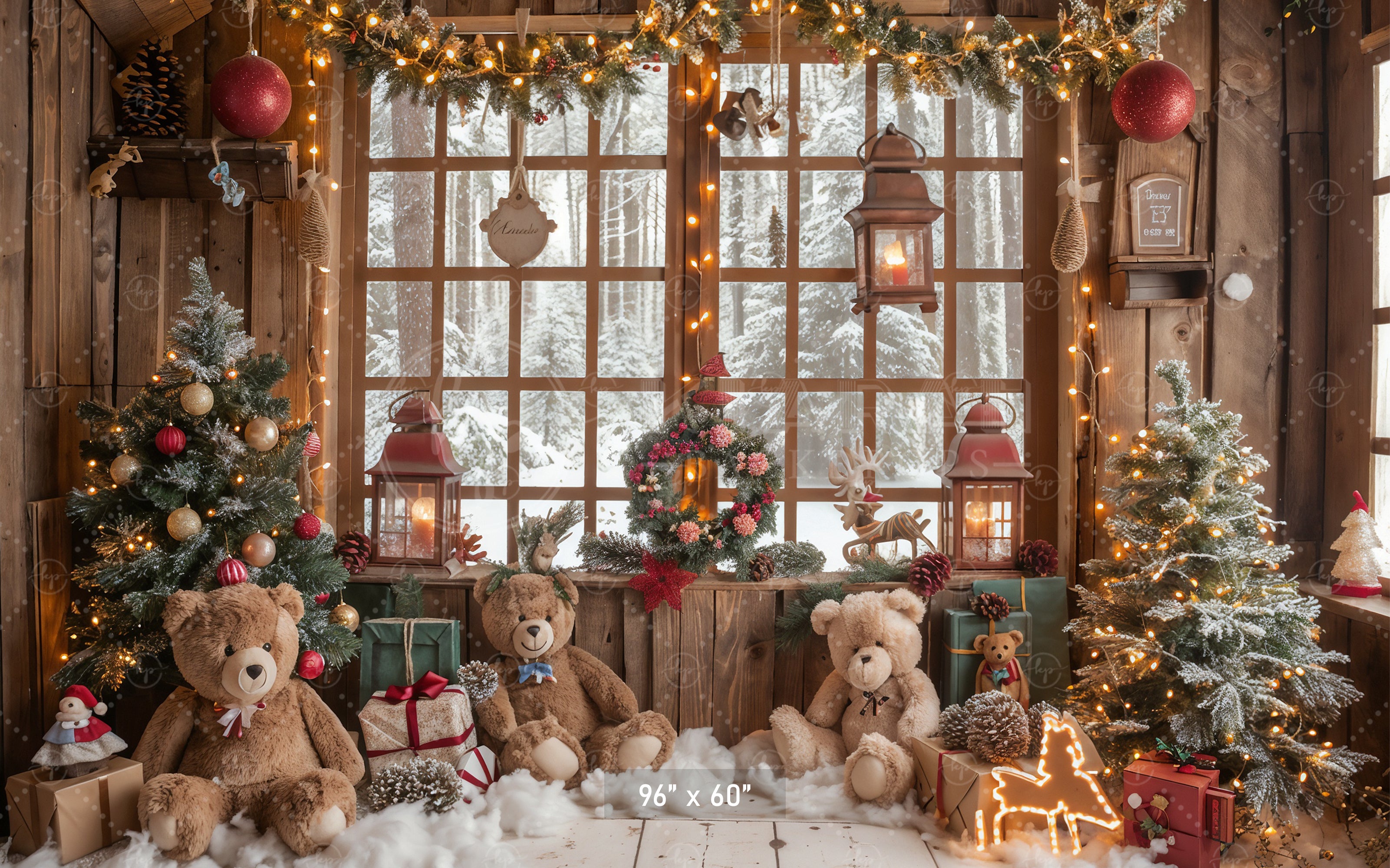 Teddy Bear Christmas Cabin Backdrop