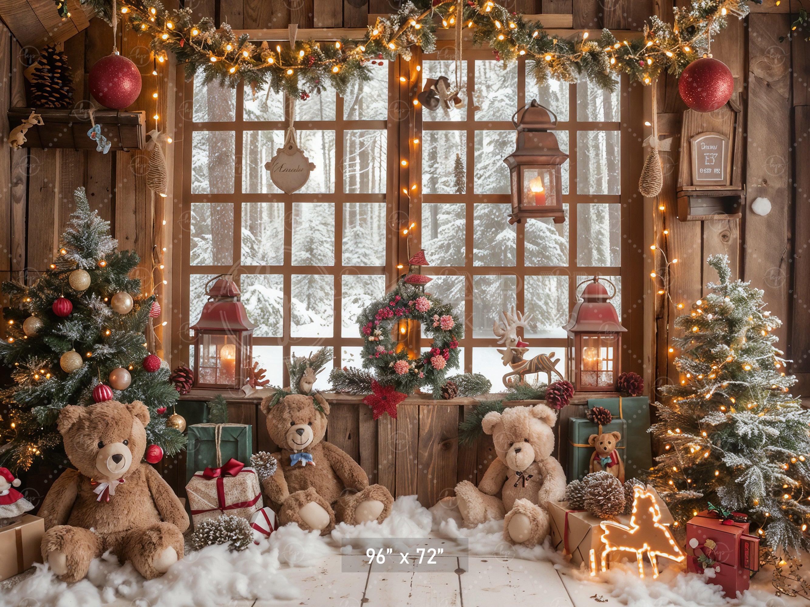 Teddy Bear Christmas Cabin Backdrop
