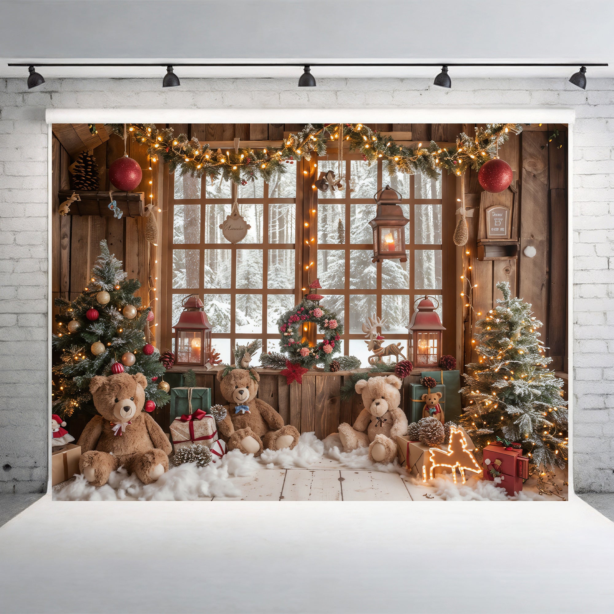 Teddy Bear Christmas Cabin Backdrop
