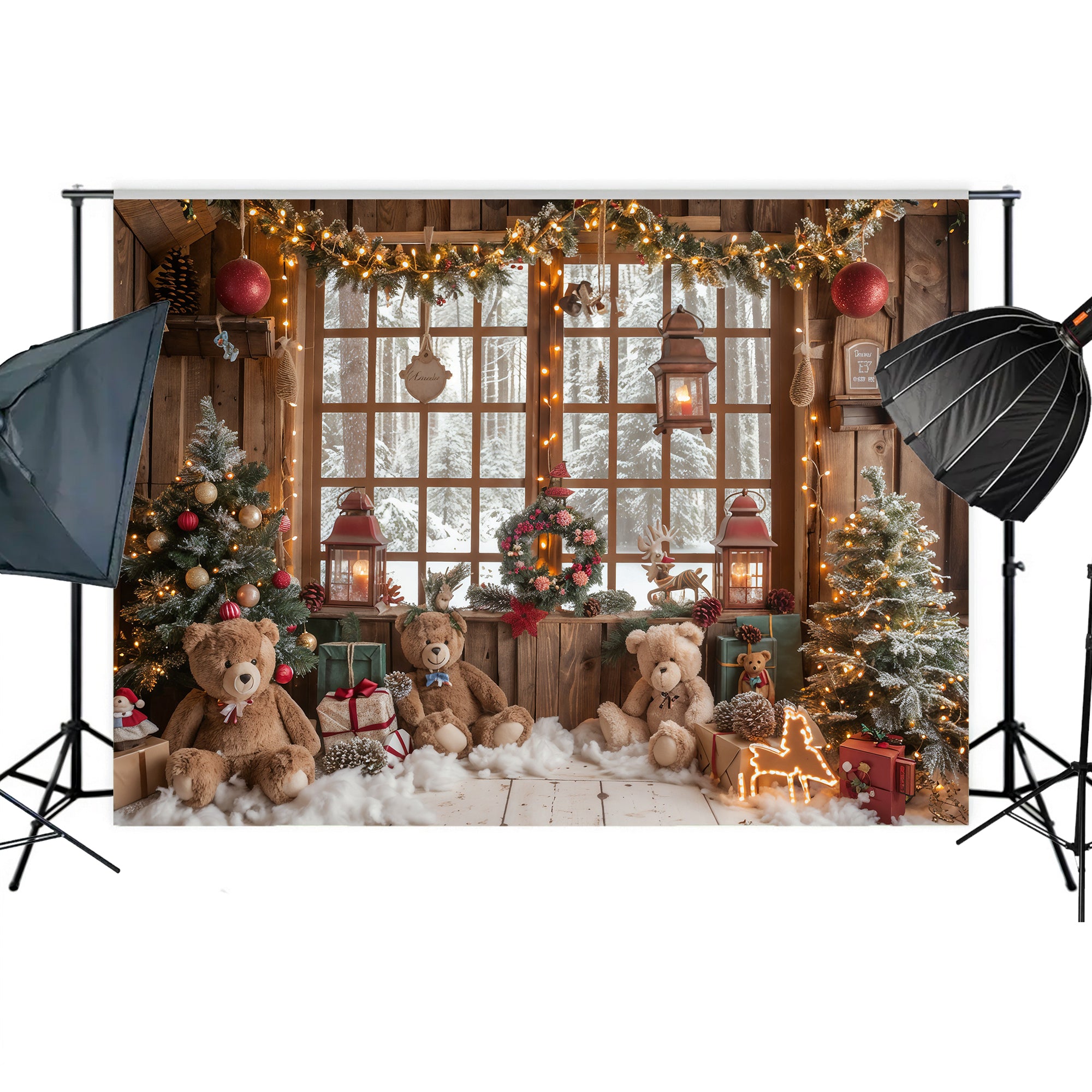 Teddy Bear Christmas Cabin Backdrop