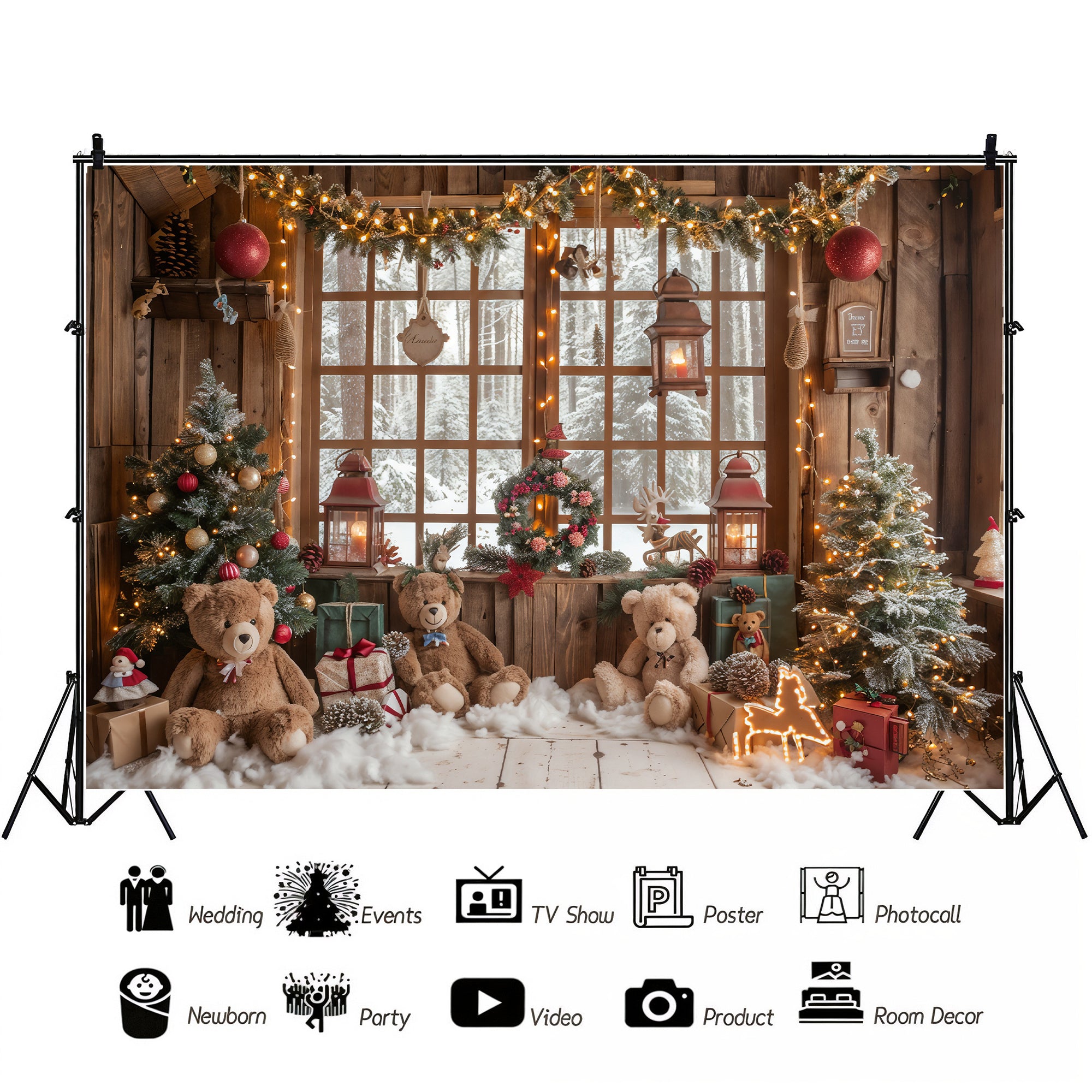 Teddy Bear Christmas Cabin Backdrop
