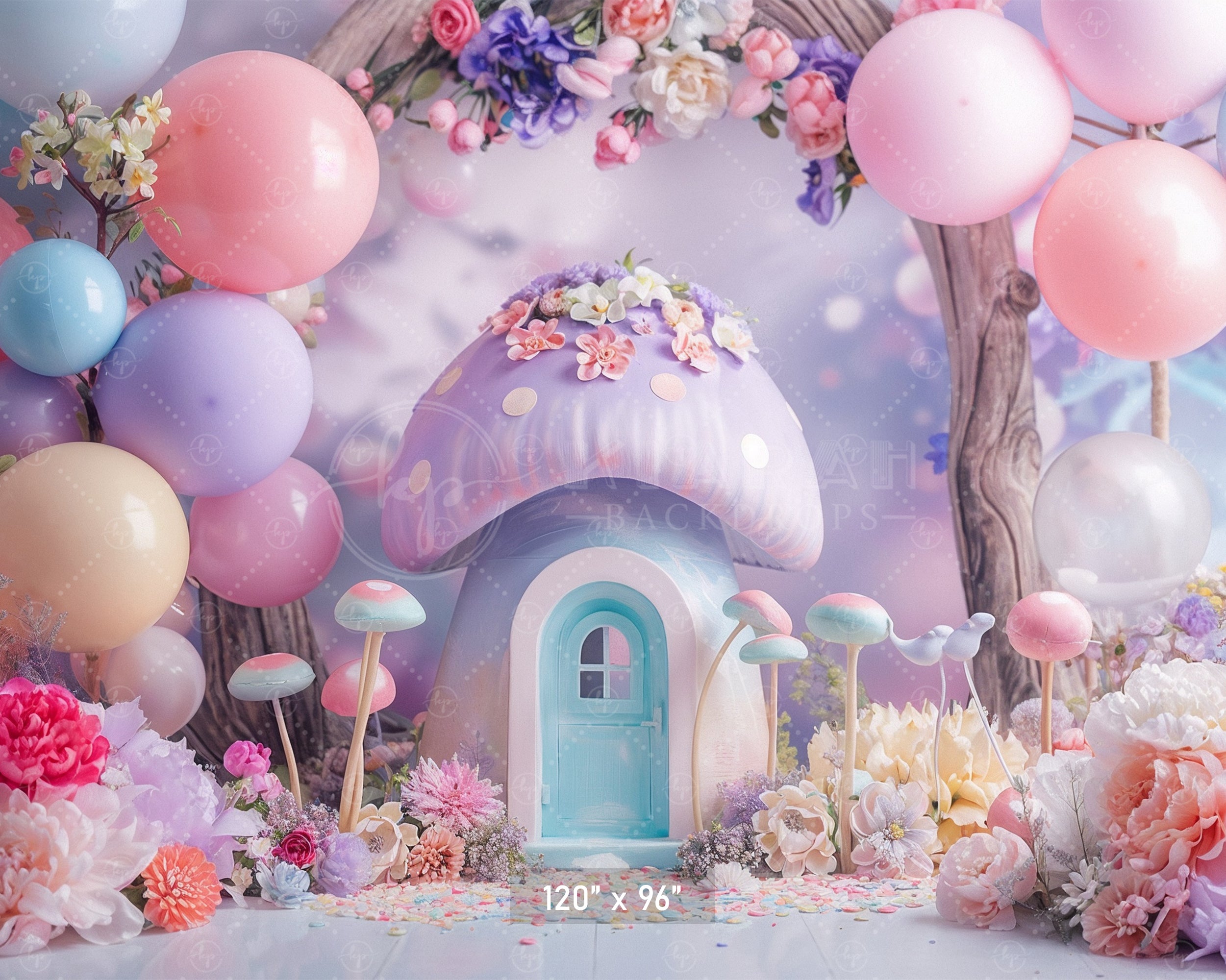 Enchanted Pastel Mushroom House Backdrop