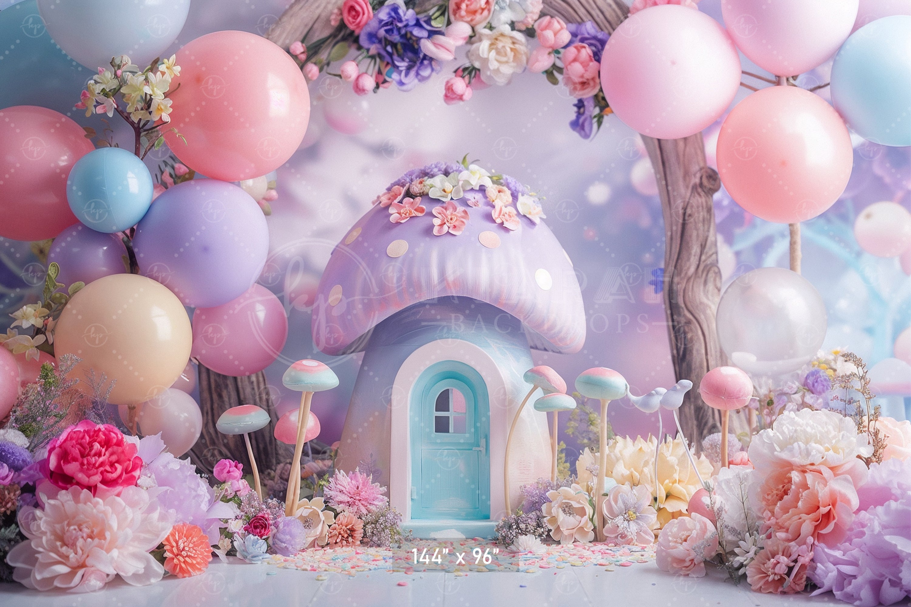 Enchanted Pastel Mushroom House Backdrop