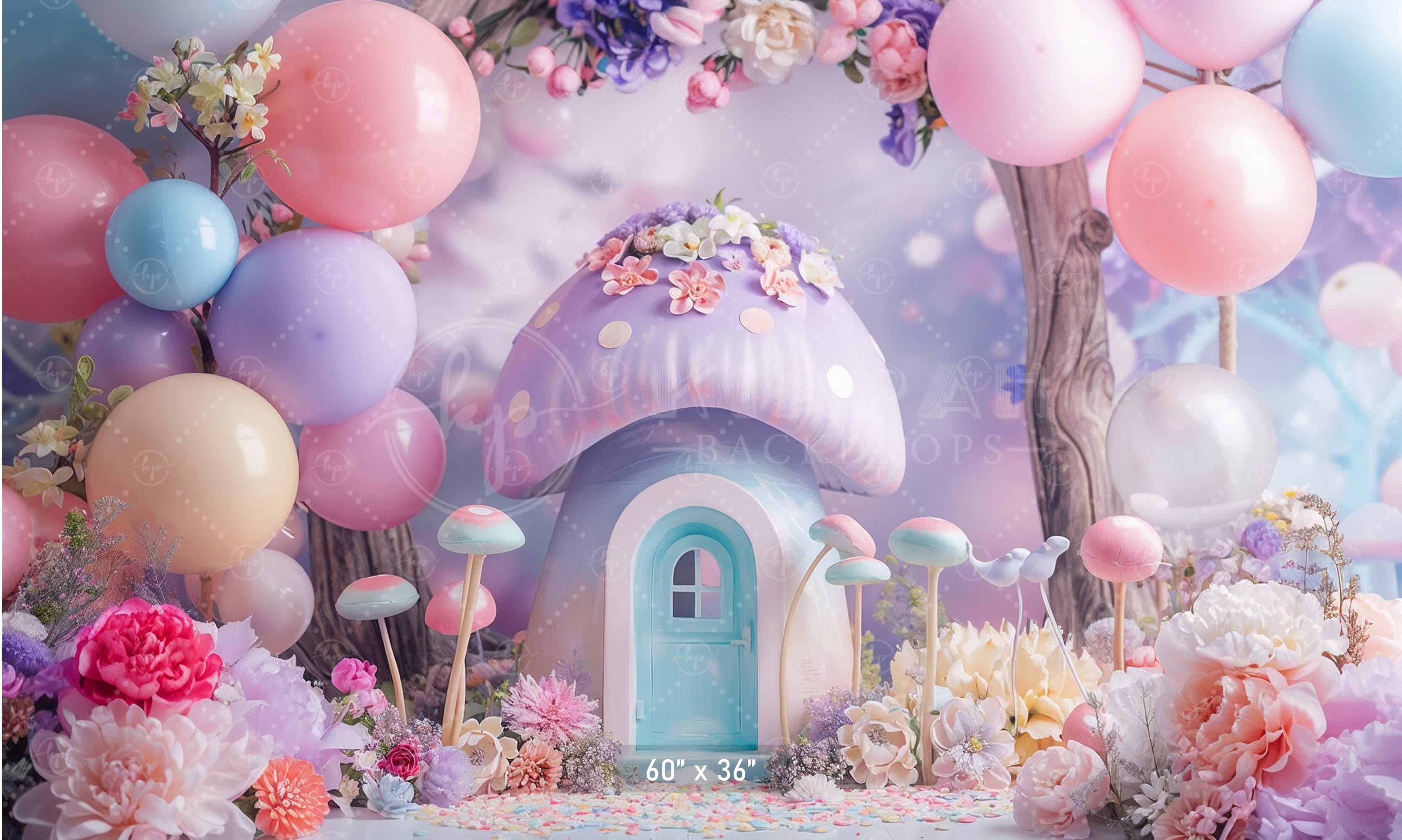 Enchanted Pastel Mushroom House Backdrop
