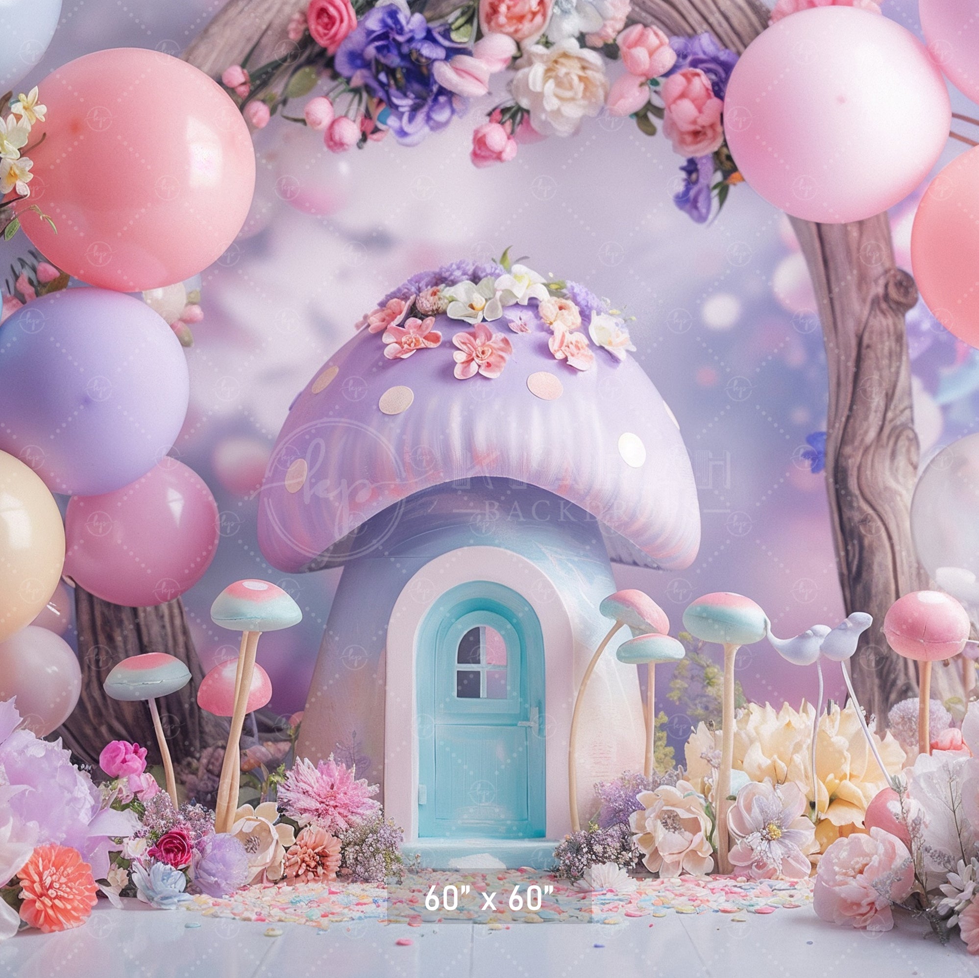 Enchanted Pastel Mushroom House Backdrop