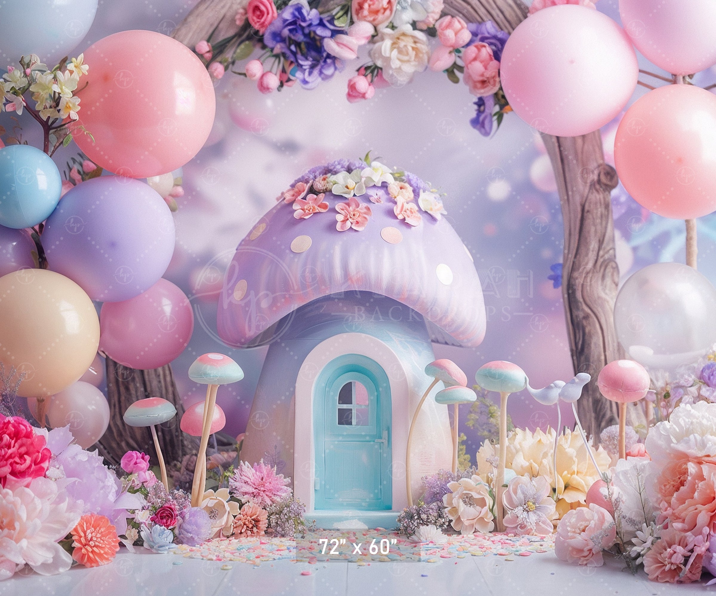 Enchanted Pastel Mushroom House Backdrop