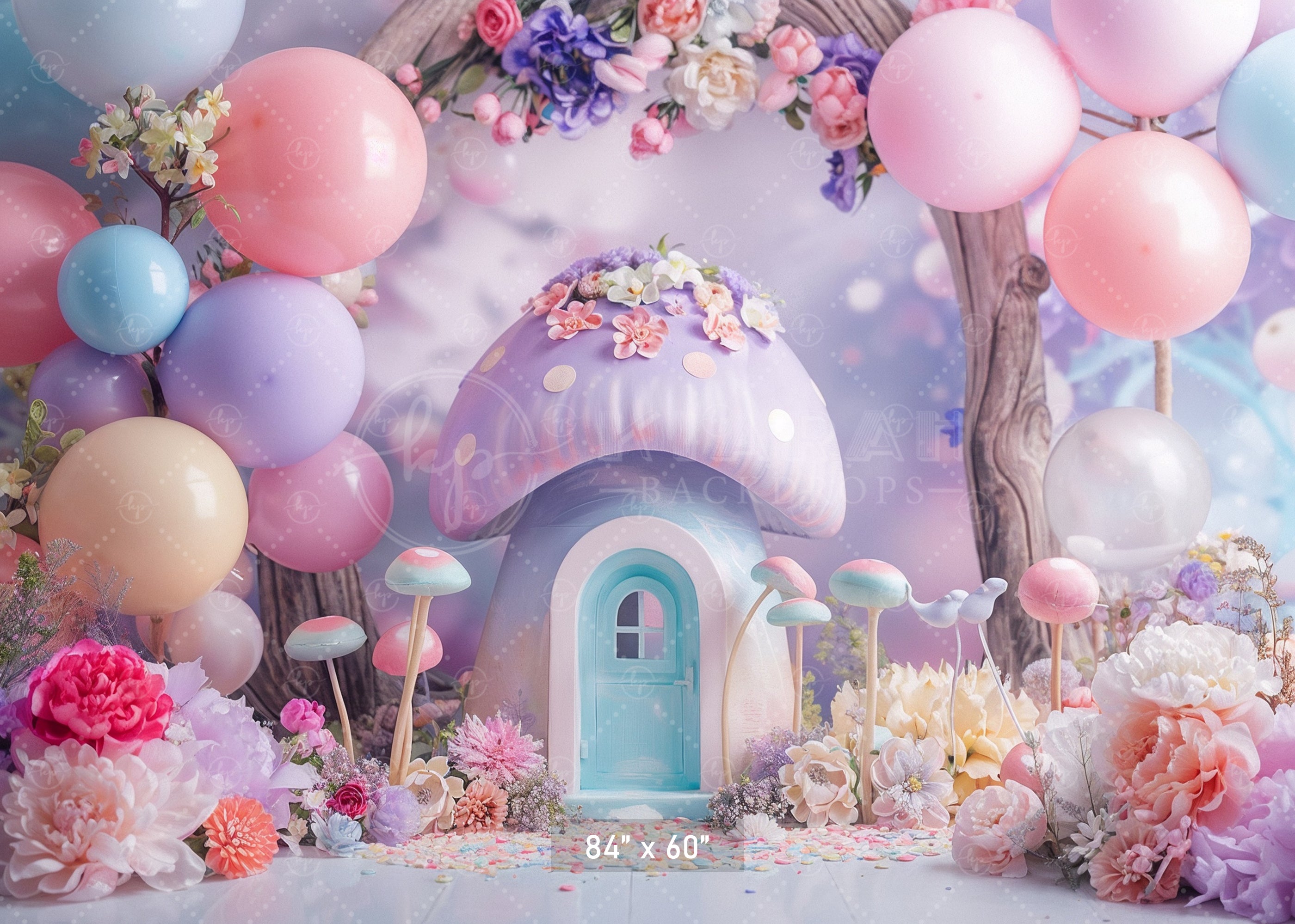 Enchanted Pastel Mushroom House Backdrop