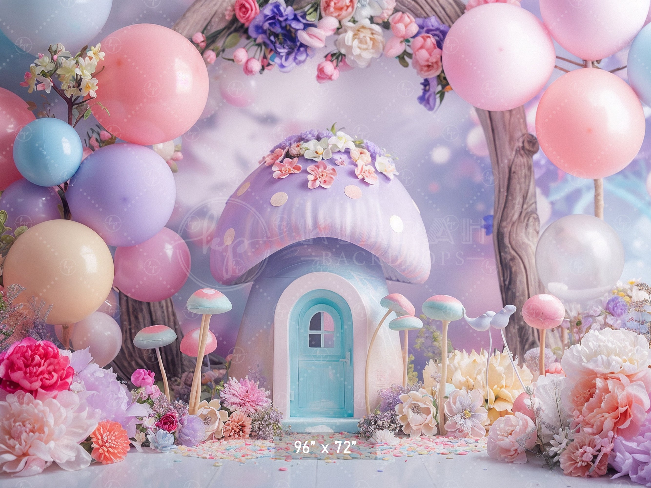 Enchanted Pastel Mushroom House Backdrop
