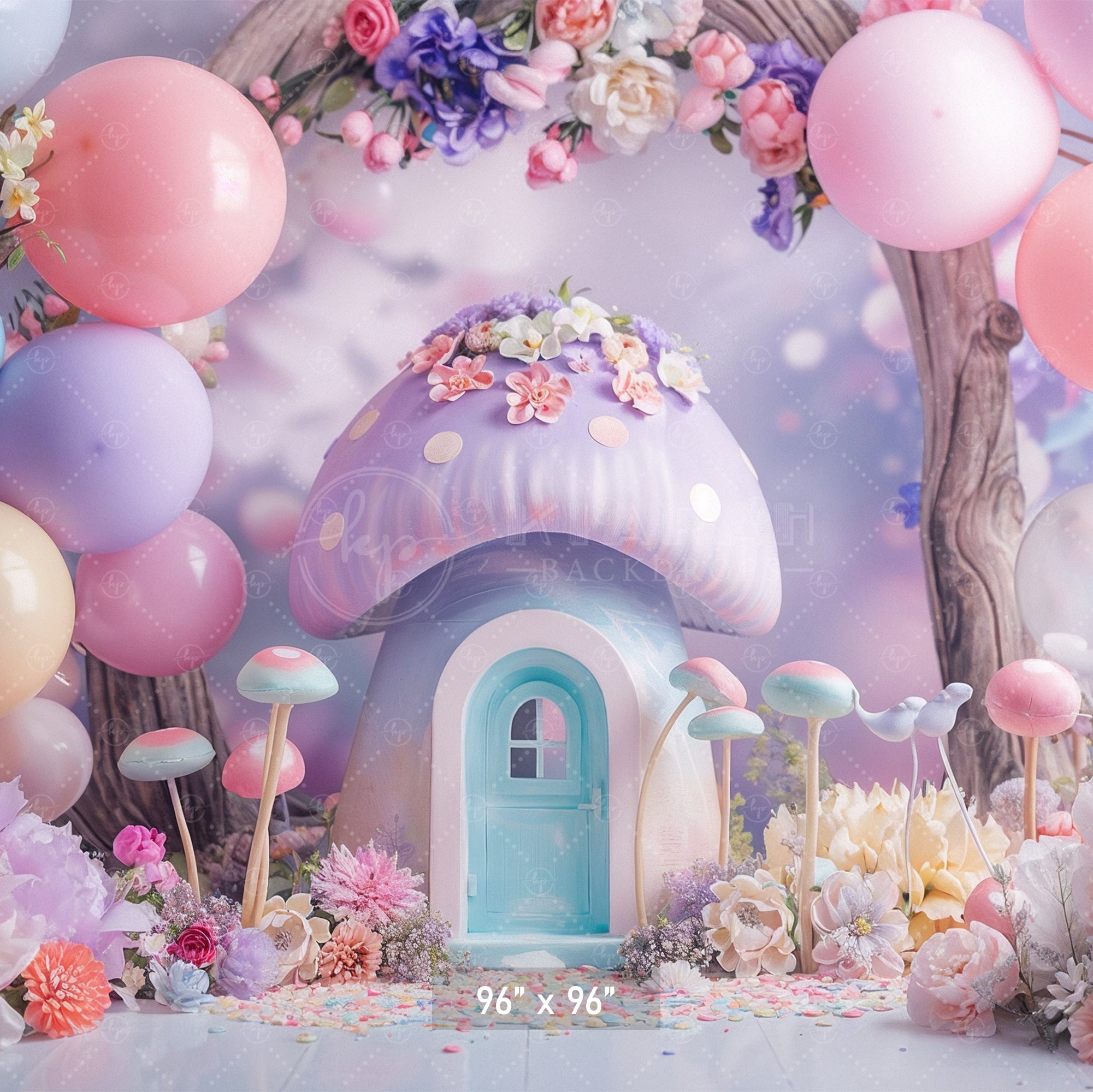 Enchanted Pastel Mushroom House Backdrop