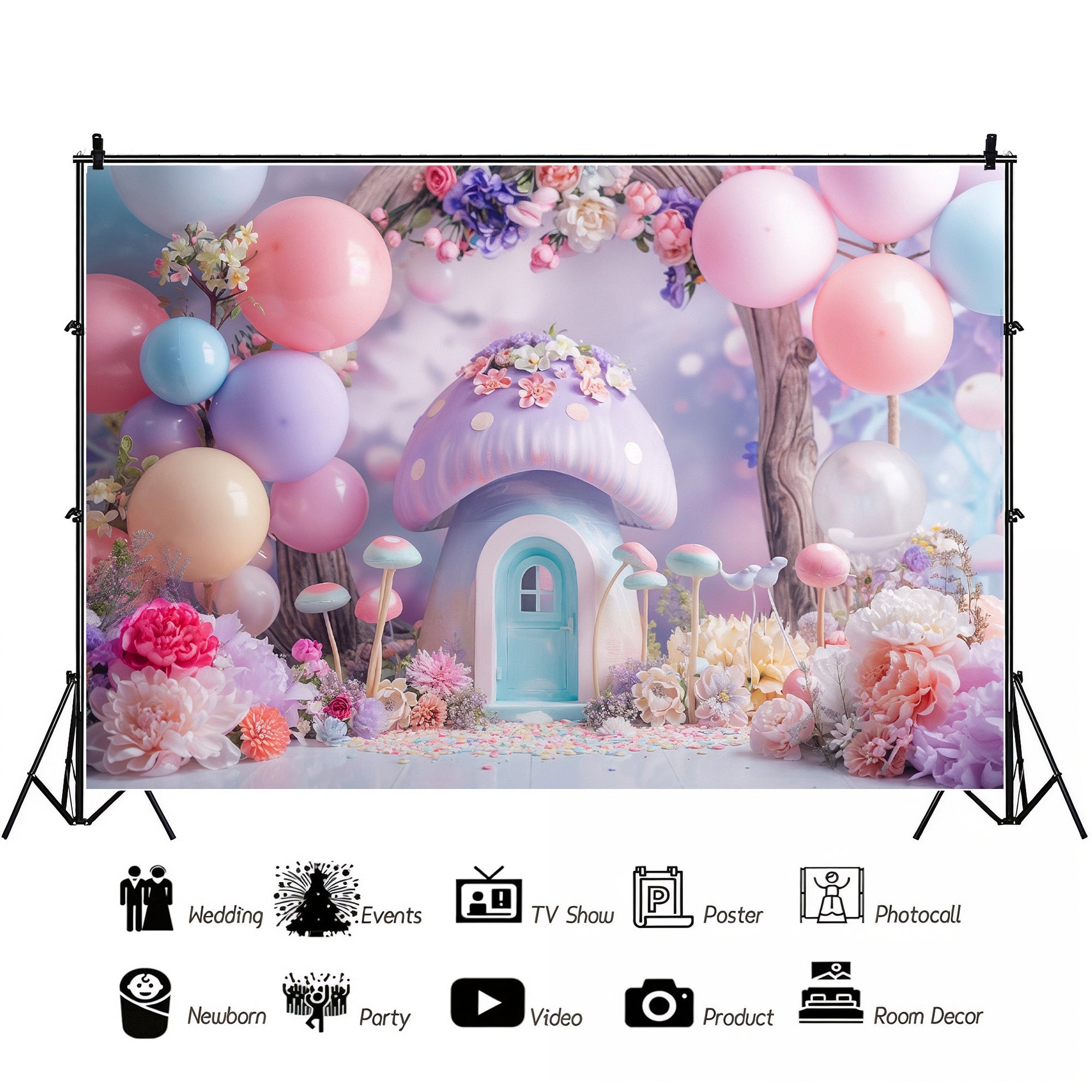 Enchanted Pastel Mushroom House Backdrop
