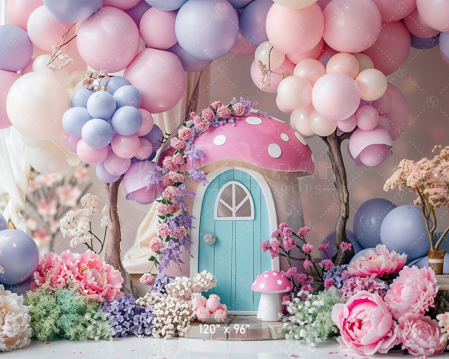 Whimsical Pink Mushroom Cottage Backdrop