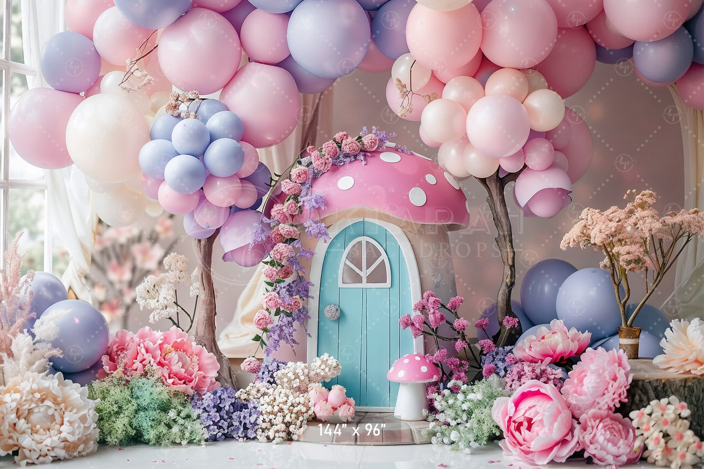 Whimsical Pink Mushroom Cottage Backdrop