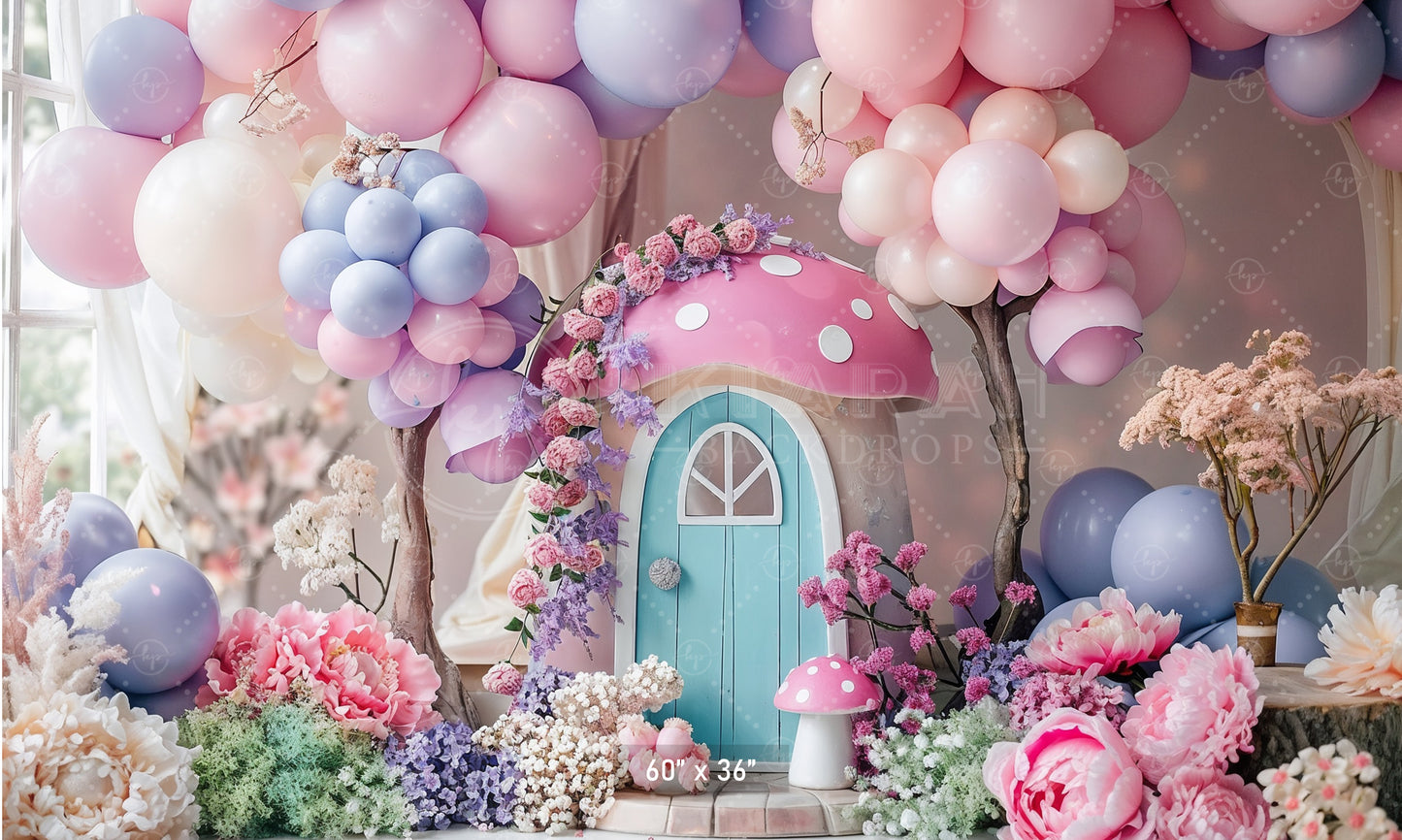 Whimsical Pink Mushroom Cottage Backdrop