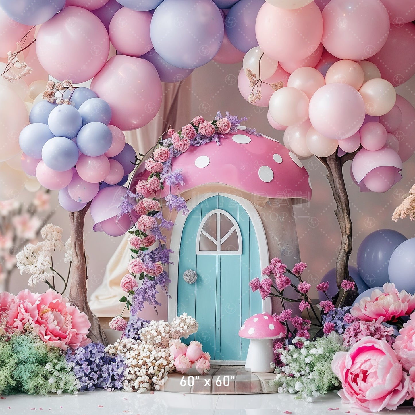 Whimsical Pink Mushroom Cottage Backdrop