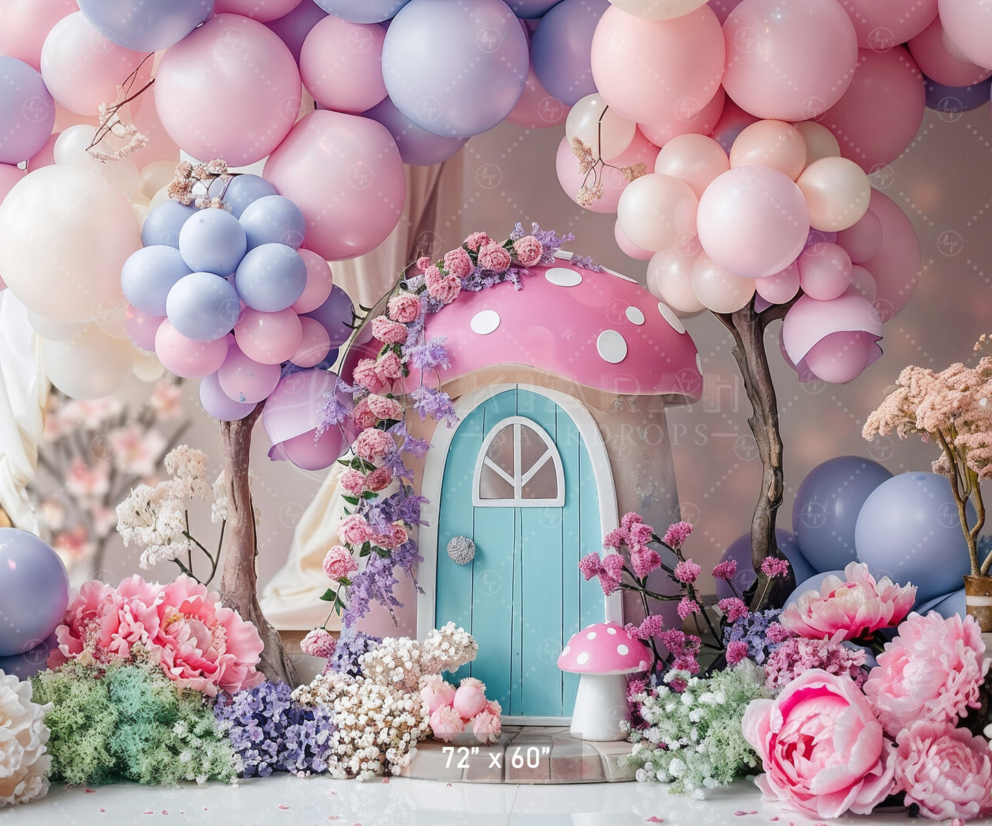 Whimsical Pink Mushroom Cottage Backdrop