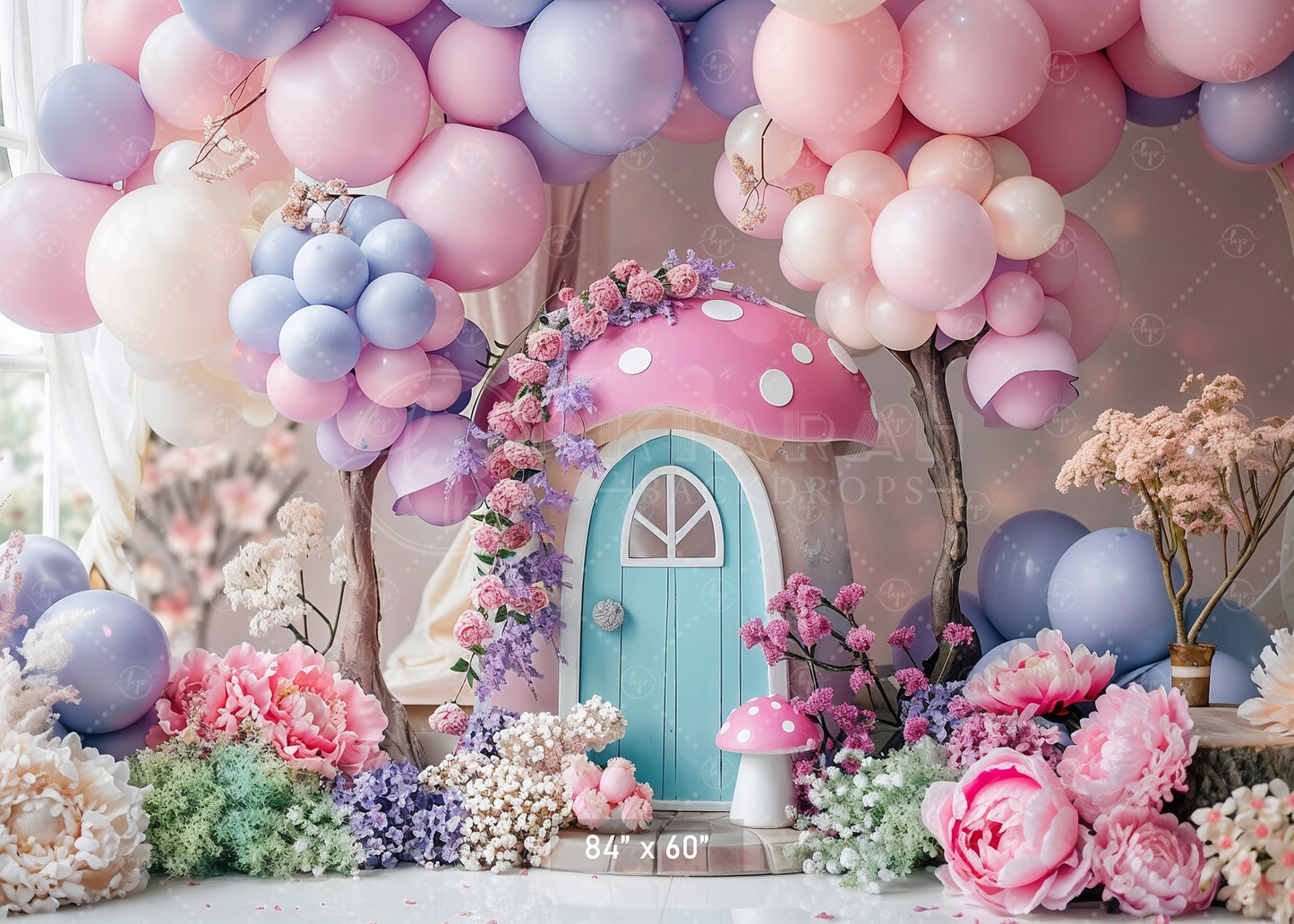 Whimsical Pink Mushroom Cottage Backdrop