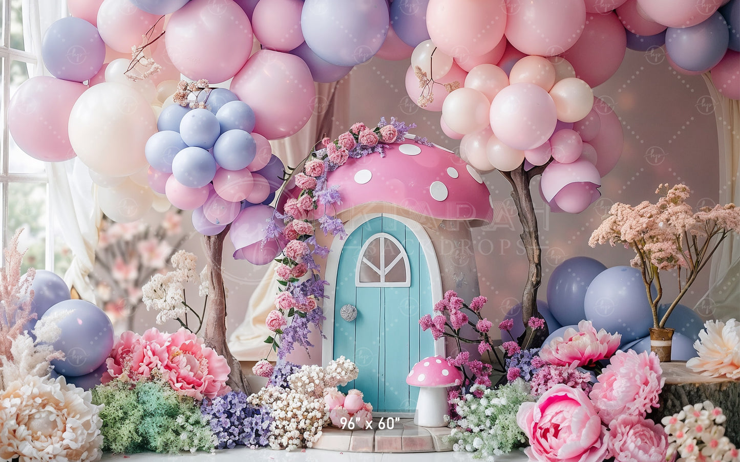 Whimsical Pink Mushroom Cottage Backdrop